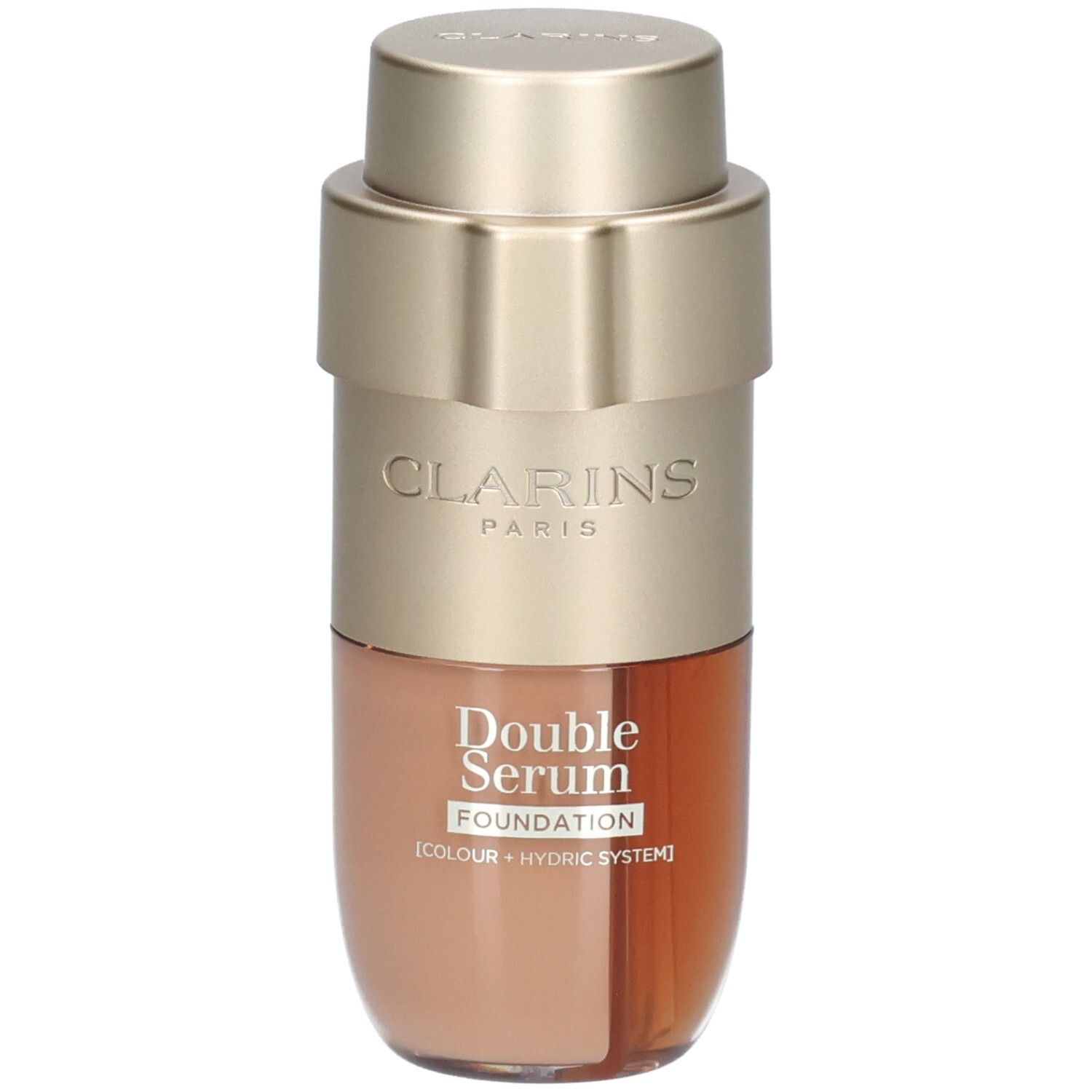 Clarins Double Serum Foundation M4C. Flacon pompe doré à deux compartiments, l'un pour le fond de teint, l'autre pour le sérum.