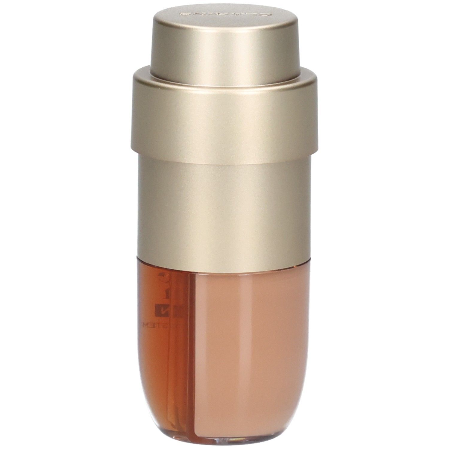 Clarins Double Serum Foundation M4C. Flacon pompe doré à deux compartiments, l'un pour le fond de teint, l'autre pour le sérum.