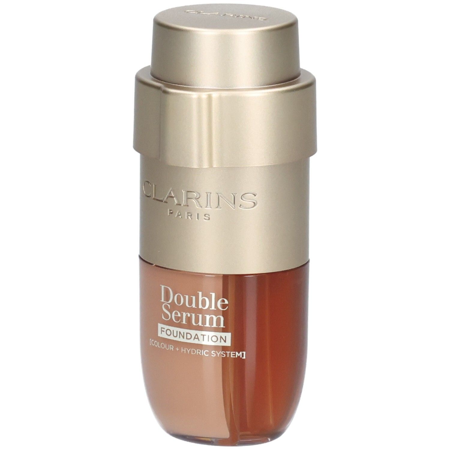 Clarins Double Serum Foundation M4C. Flacon pompe doré à deux compartiments, l'un pour le fond de teint, l'autre pour le sérum.