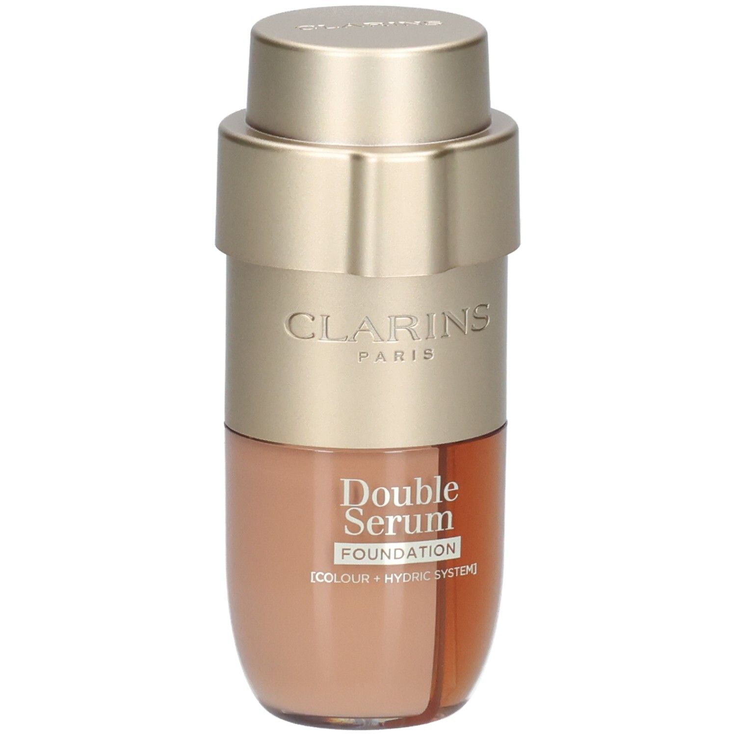 Clarins Double Serum Foundation M4C. Flacon pompe doré à deux compartiments, l'un pour le fond de teint, l'autre pour le sérum.