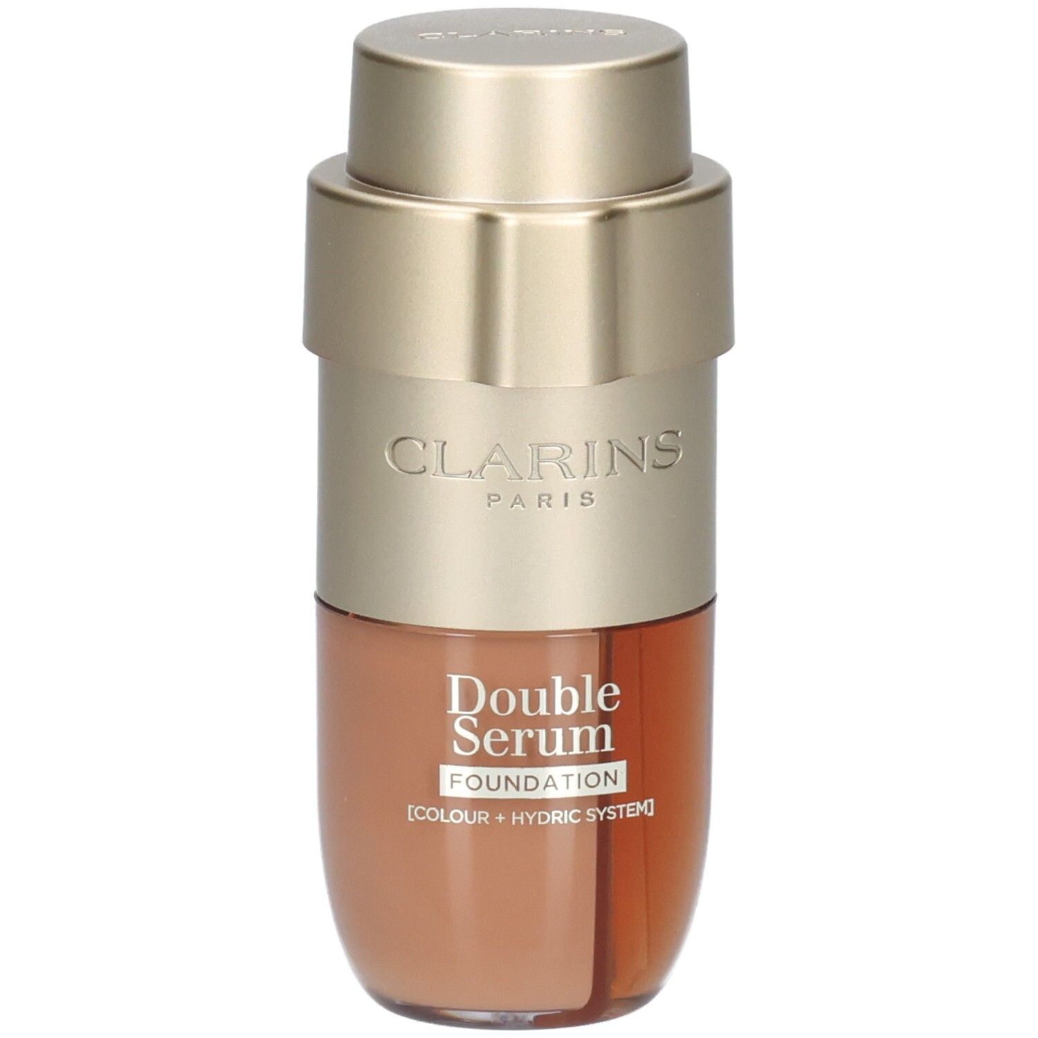 Clarins Double Serum Foundation M5C dans un flacon or et marron avec pompe doseuse.