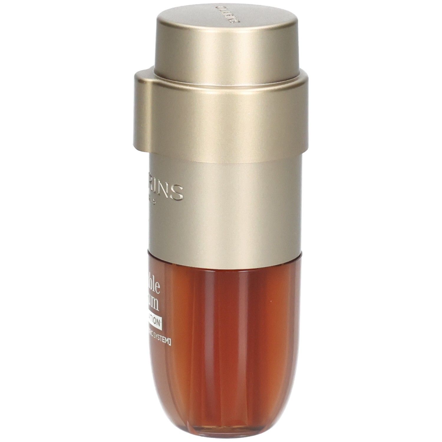 Clarins Double Serum Foundation M5C, bouchon pompe doré, flacon marron.