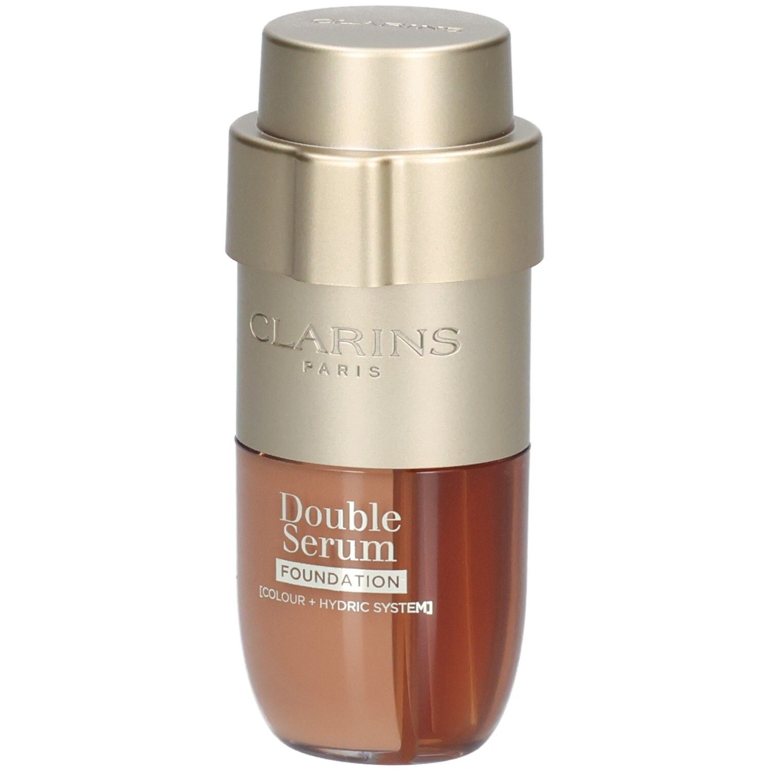 Clarins Double Serum Foundation M5C dans un flacon or et marron avec pompe doseuse.