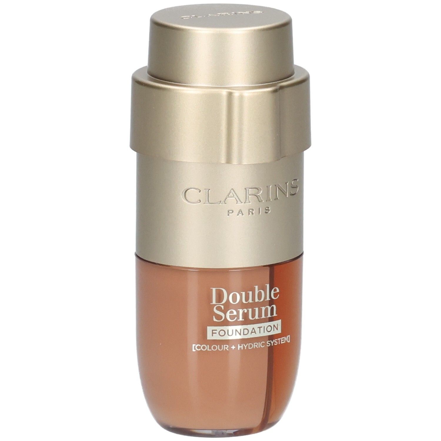 Clarins Double Serum Foundation M5C, bouchon pompe doré, flacon marron.