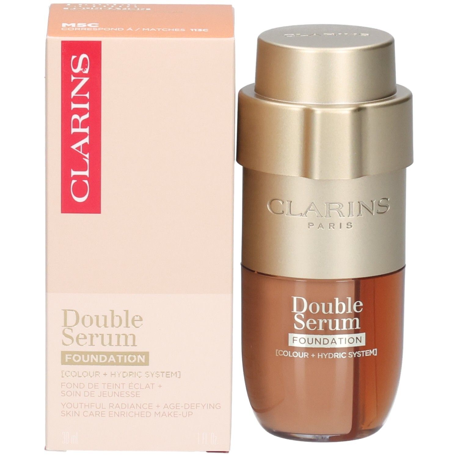 Clarins Double Serum Foundation M5C, bouchon pompe doré, flacon marron.