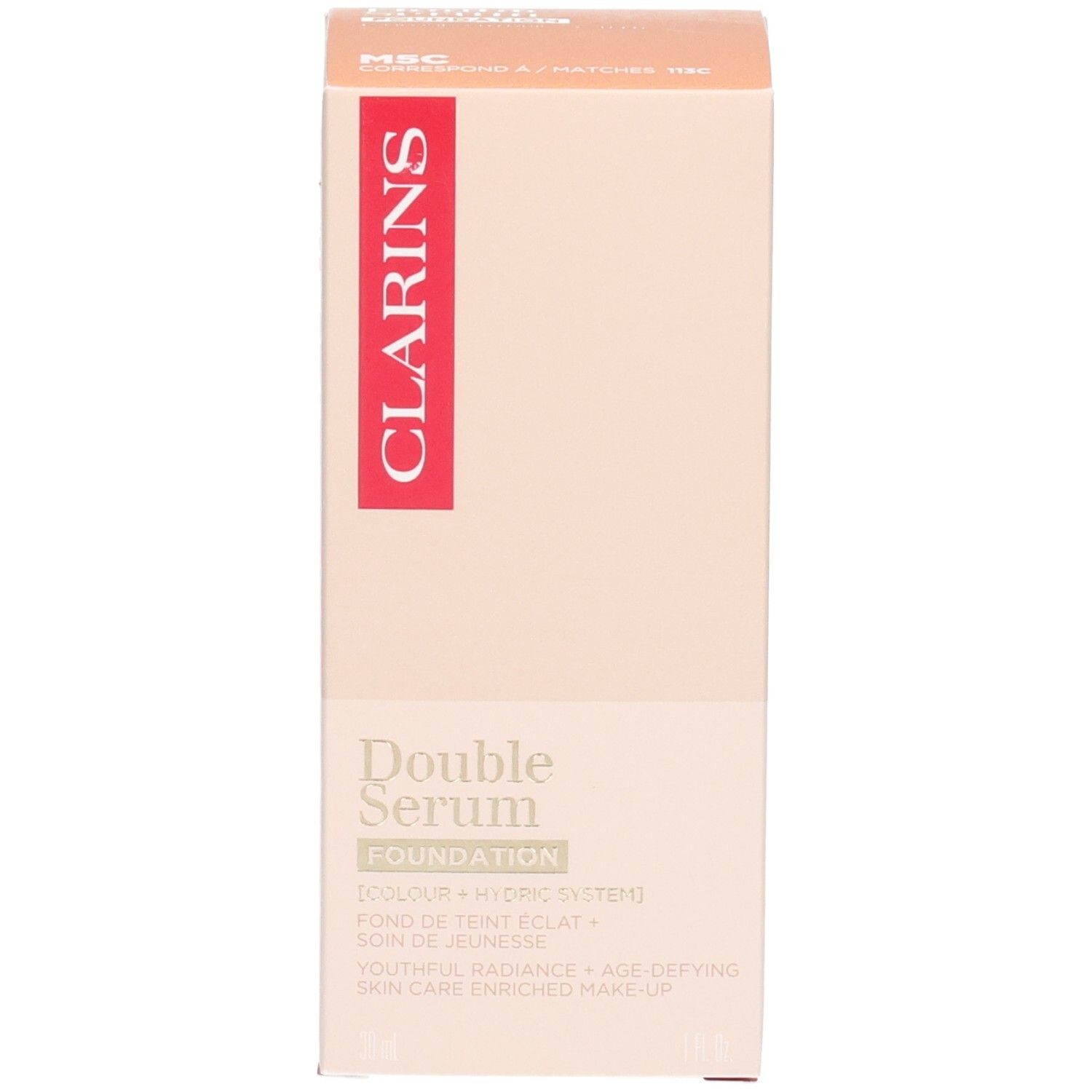 Clarins Double Serum Foundation M5C, bouchon pompe doré, flacon marron.