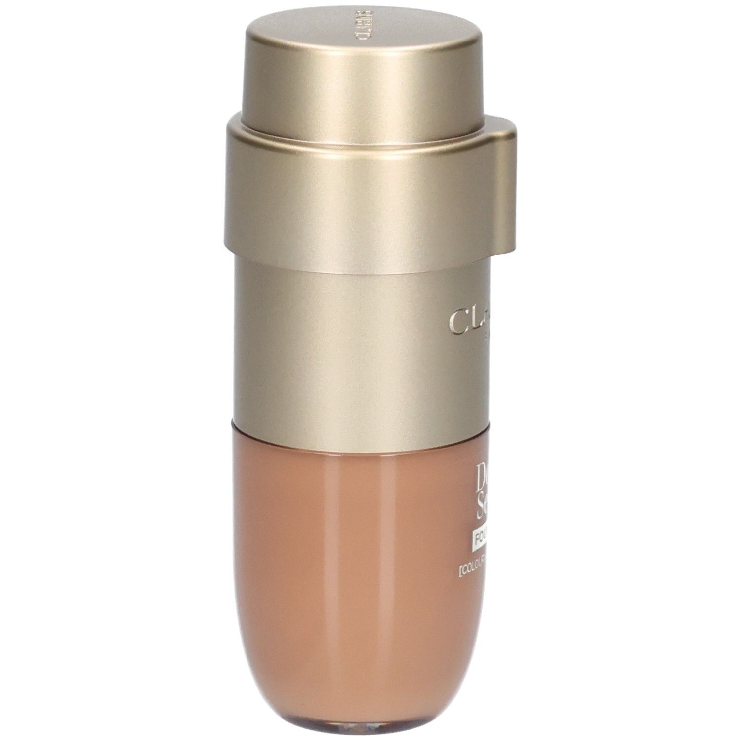 Clarins Double Serum Foundation M5N, flacon or et marron avec pompe, vue latérale.