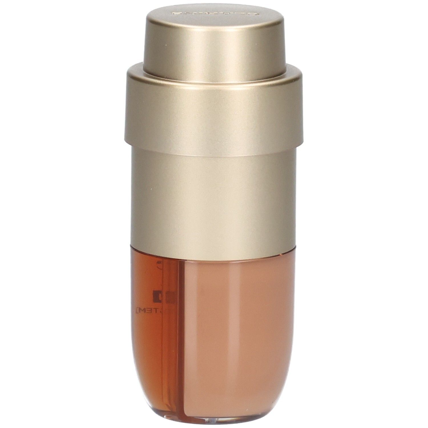 Clarins Double Serum Foundation M5N, flacon or et marron avec pompe, vue en angle.