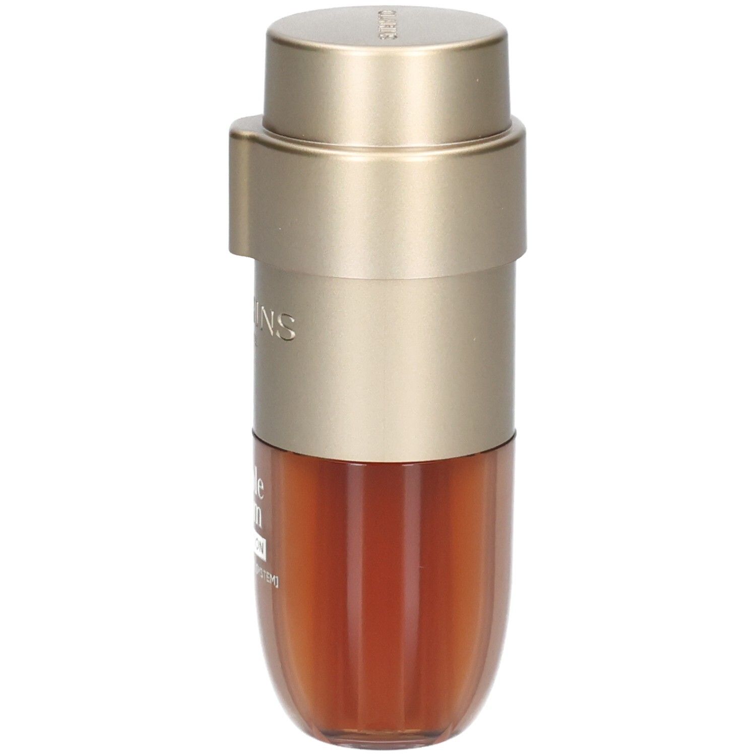 Clarins Double Serum Foundation M5N, flacon or et marron avec pompe, vue en angle.