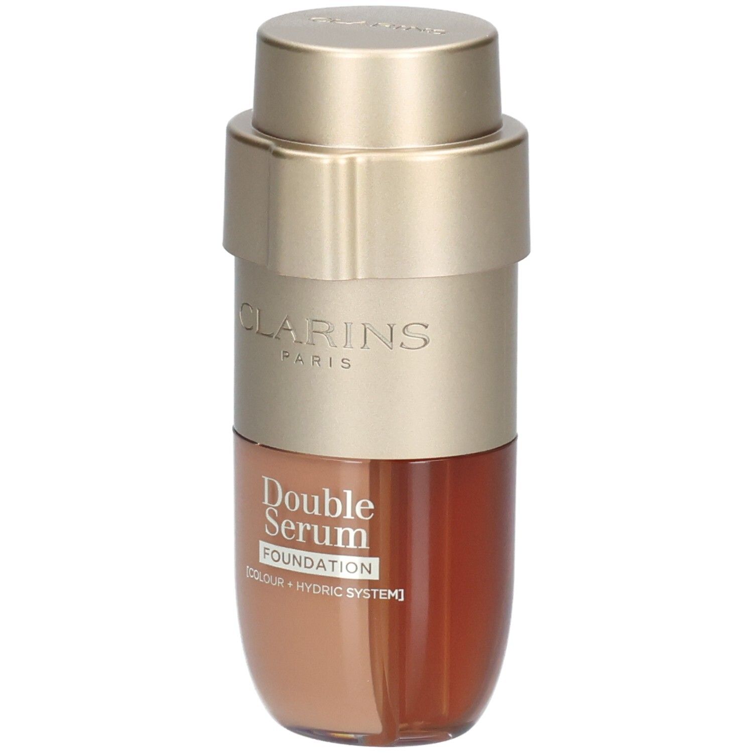 Clarins Double Serum Foundation M5N dans un flacon or et marron avec pompe.