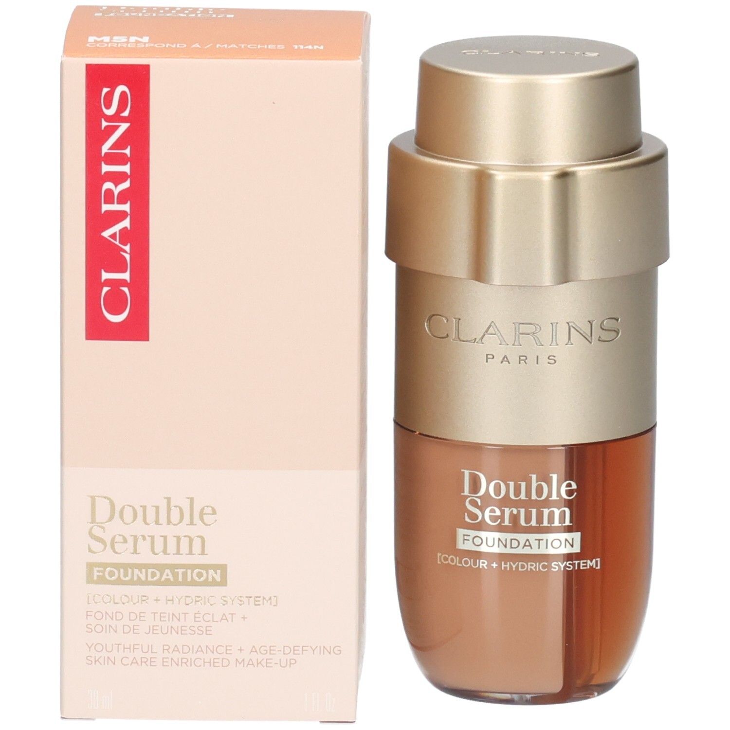 Flacon et boîte Clarins Double Serum Foundation M5N, emballage or et marron.