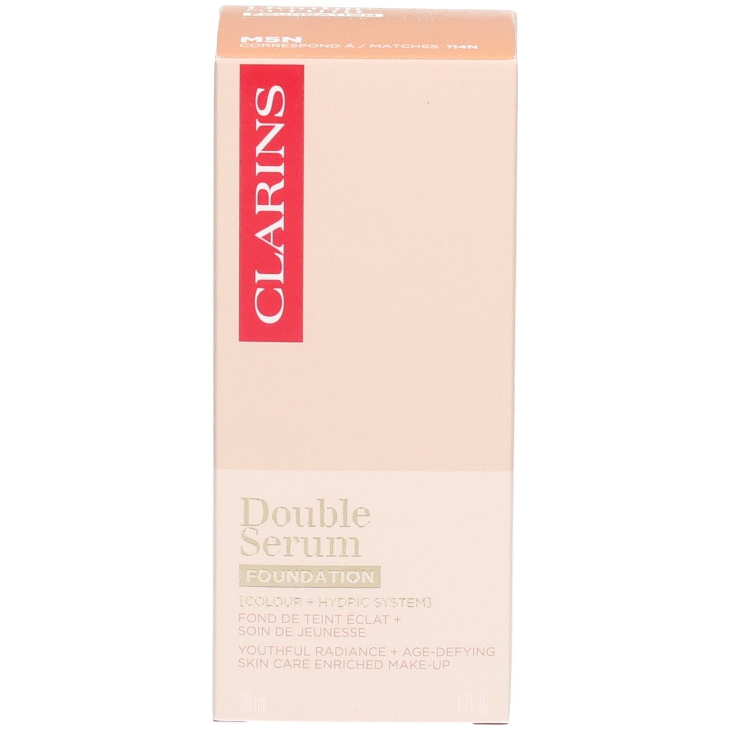 Boîte Clarins Double Serum Foundation M5N, emballage or et beige avec détails produit.