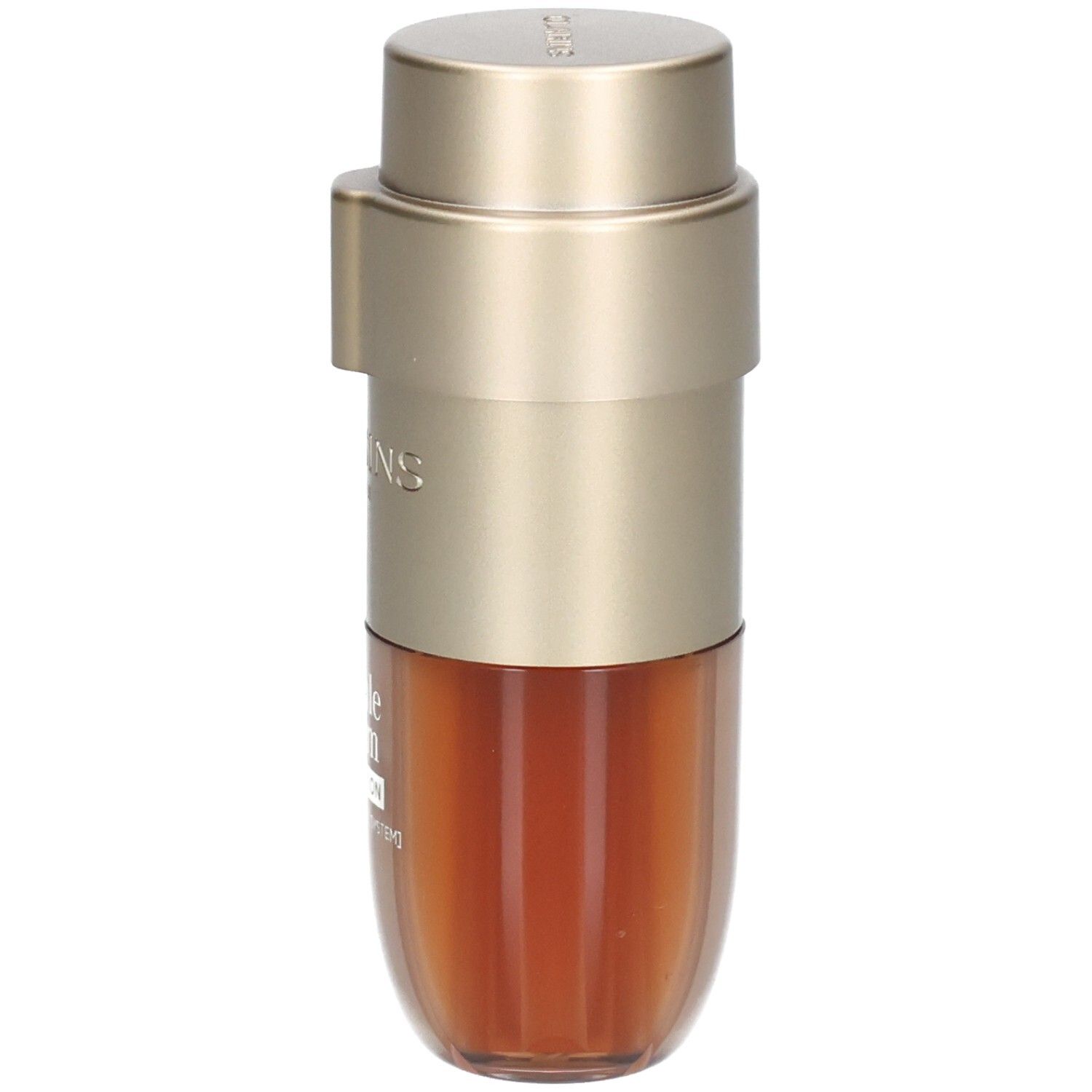 Clarins Double Serum Foundation M5W : Flacon pompe doré à deux compartiments, l'un contenant un liquide doré.