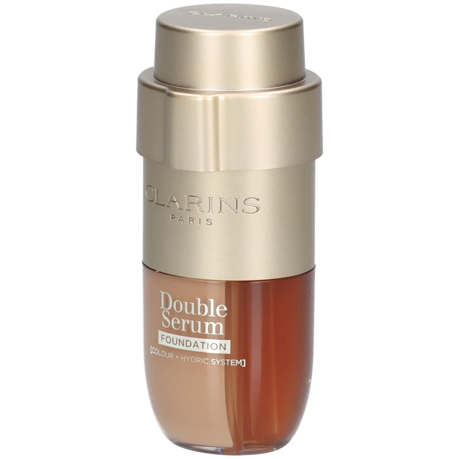 Clarins Double Serum Foundation M5W : Flacon pompe doré à deux compartiments, l'un contenant du fond de teint doré.