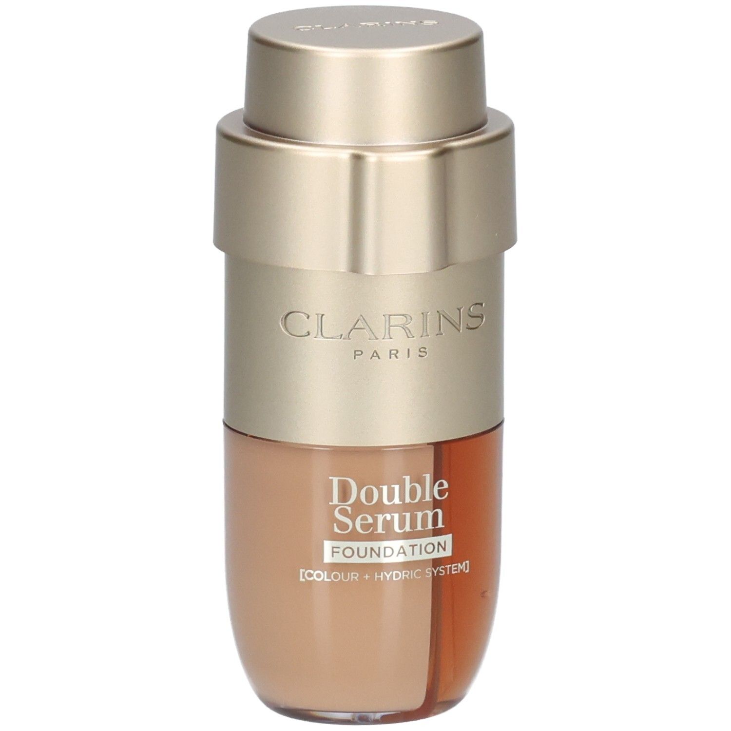 Clarins Double Serum Foundation M5W : Flacon pompe doré à deux compartiments, l'un contenant du fond de teint doré.