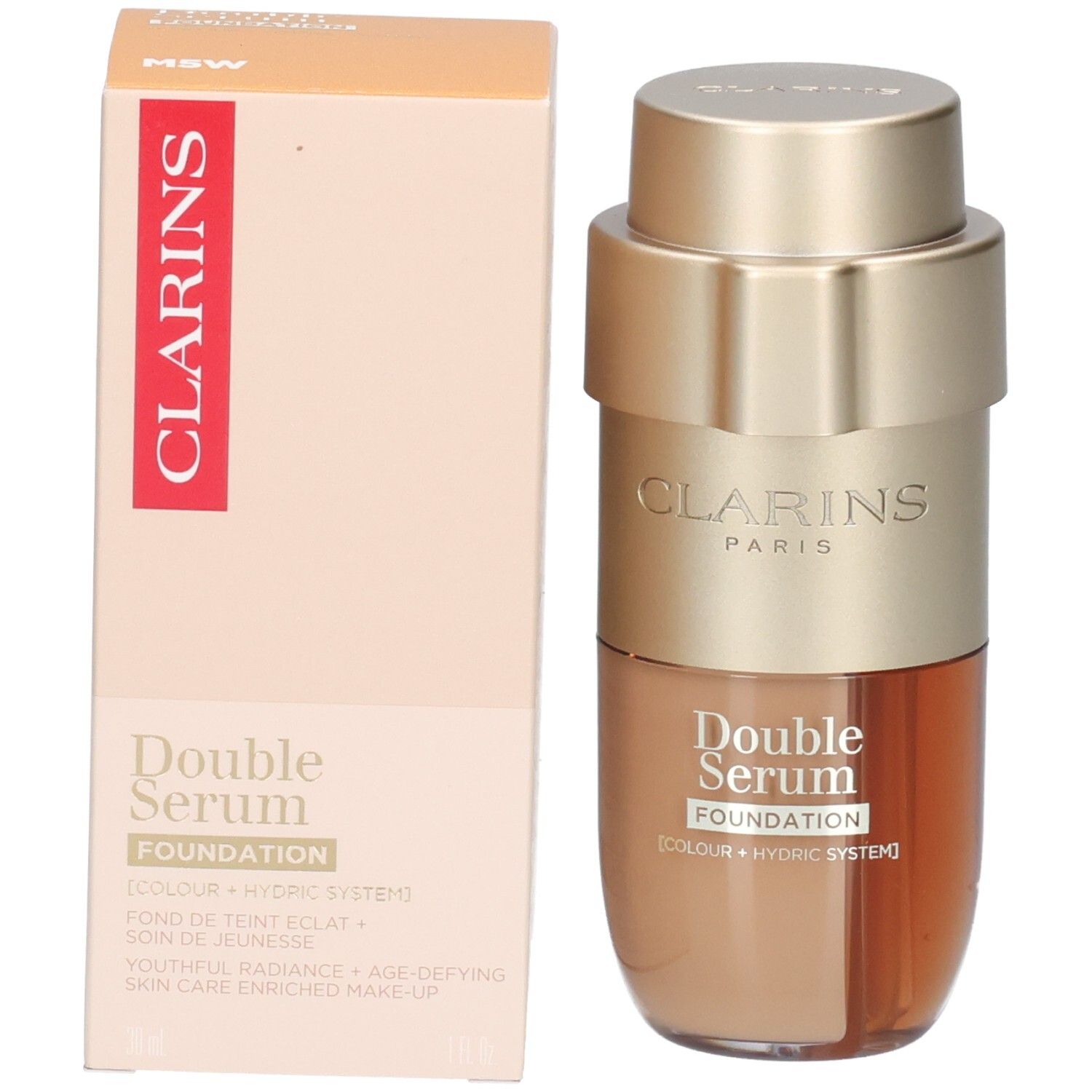 Clarins Double Serum Foundation M5W : Flacon pompe doré et emballage, l'un contenant du fond de teint doré.