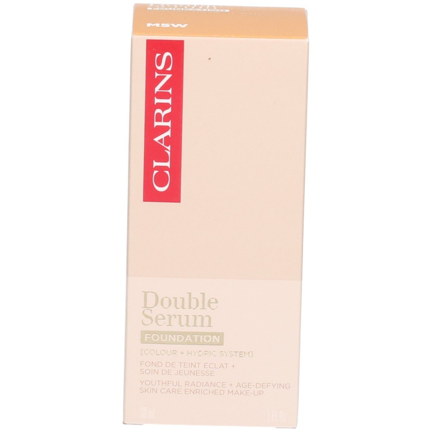 Clarins Double Serum Foundation M5W : Emballage beige avec bande rouge et flacon pompe doré.