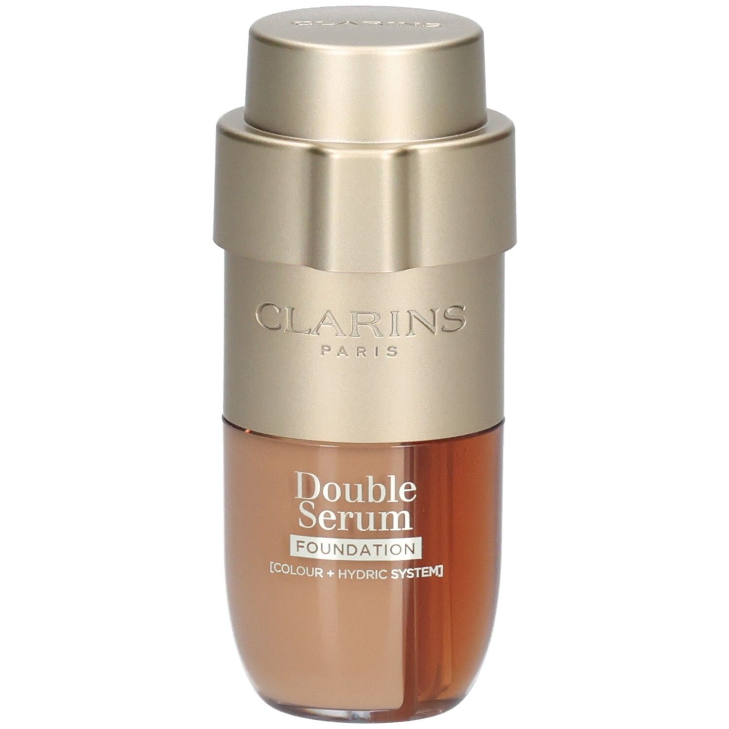 Clarins Double Serum Foundation M6W dans un flacon doré contenant un liquide brun et beige.