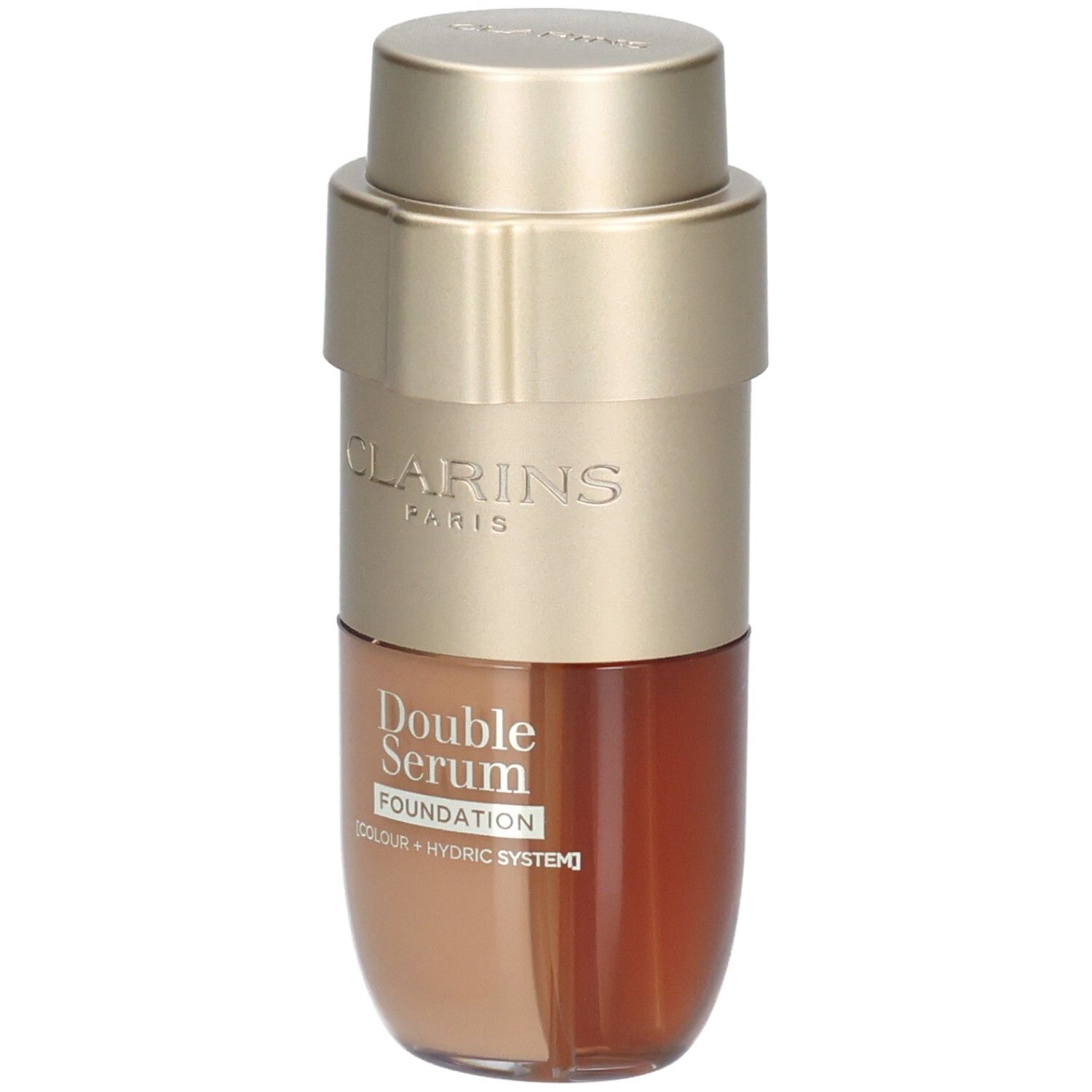 Clarins Double Serum Foundation M6W dans un flacon doré contenant un liquide brun et beige.