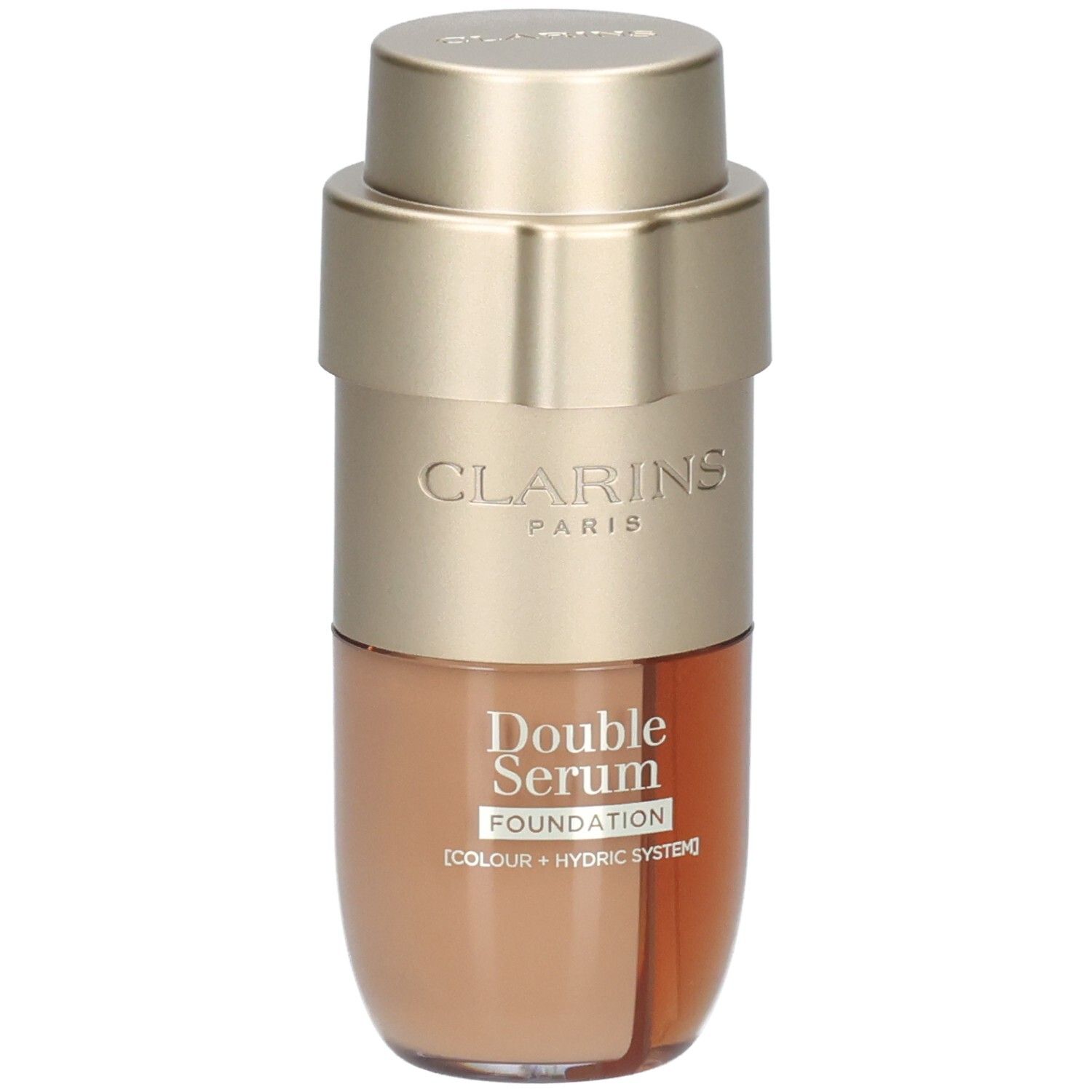 Clarins Double Serum Foundation M6W dans un flacon doré contenant un liquide brun et beige.