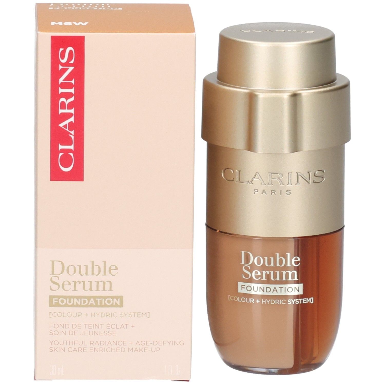 Clarins Double Serum Foundation M6W et son emballage, flacon doré avec liquide brun et beige.