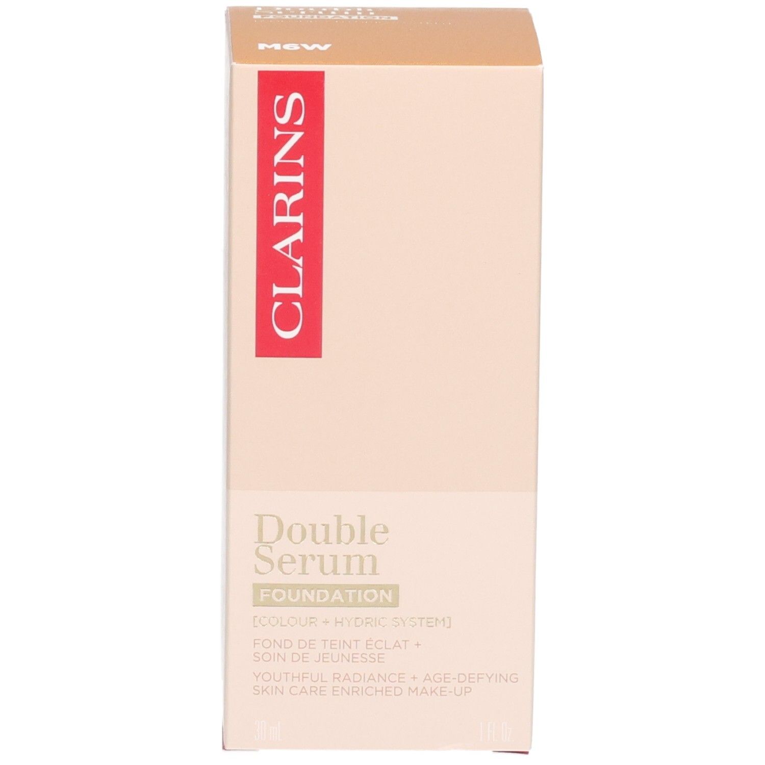 Emballage de Clarins Double Serum Foundation M6W, boîte en carton beige avec informations sur le produit.
