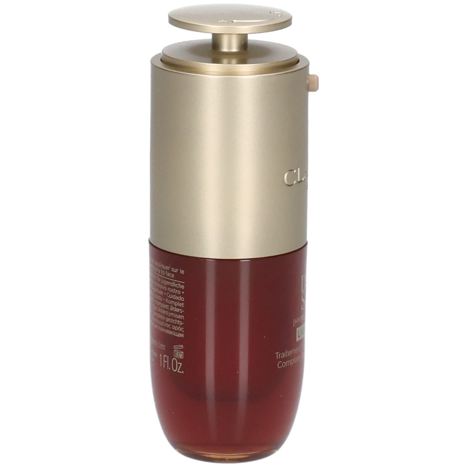 Flacon Clarins Double Serum Light Texture avec pompe, bouchon doré, flacon rouge.