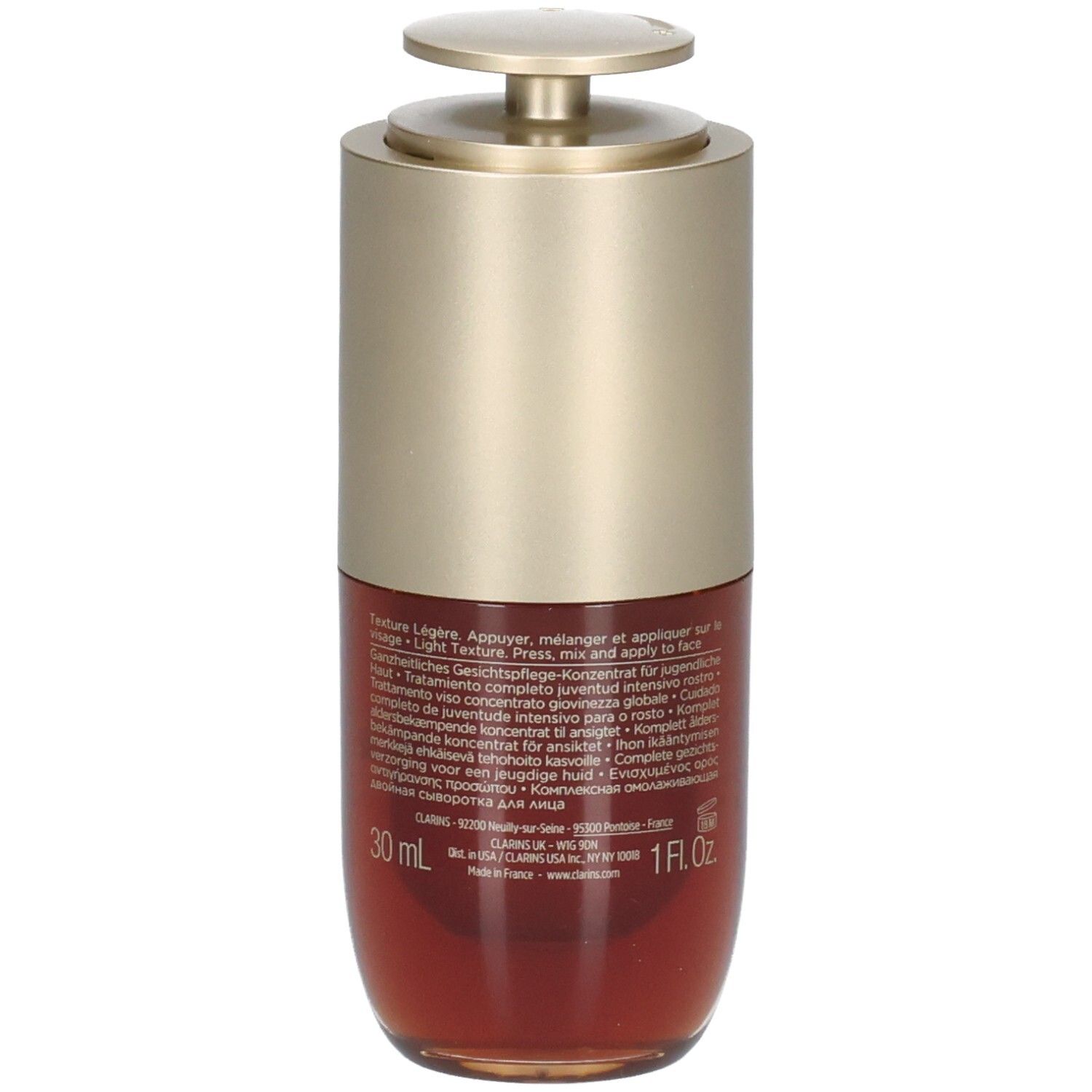 Flacon Clarins Double Serum Light Texture avec pompe, bouchon doré, flacon rouge, texte sur le flacon.