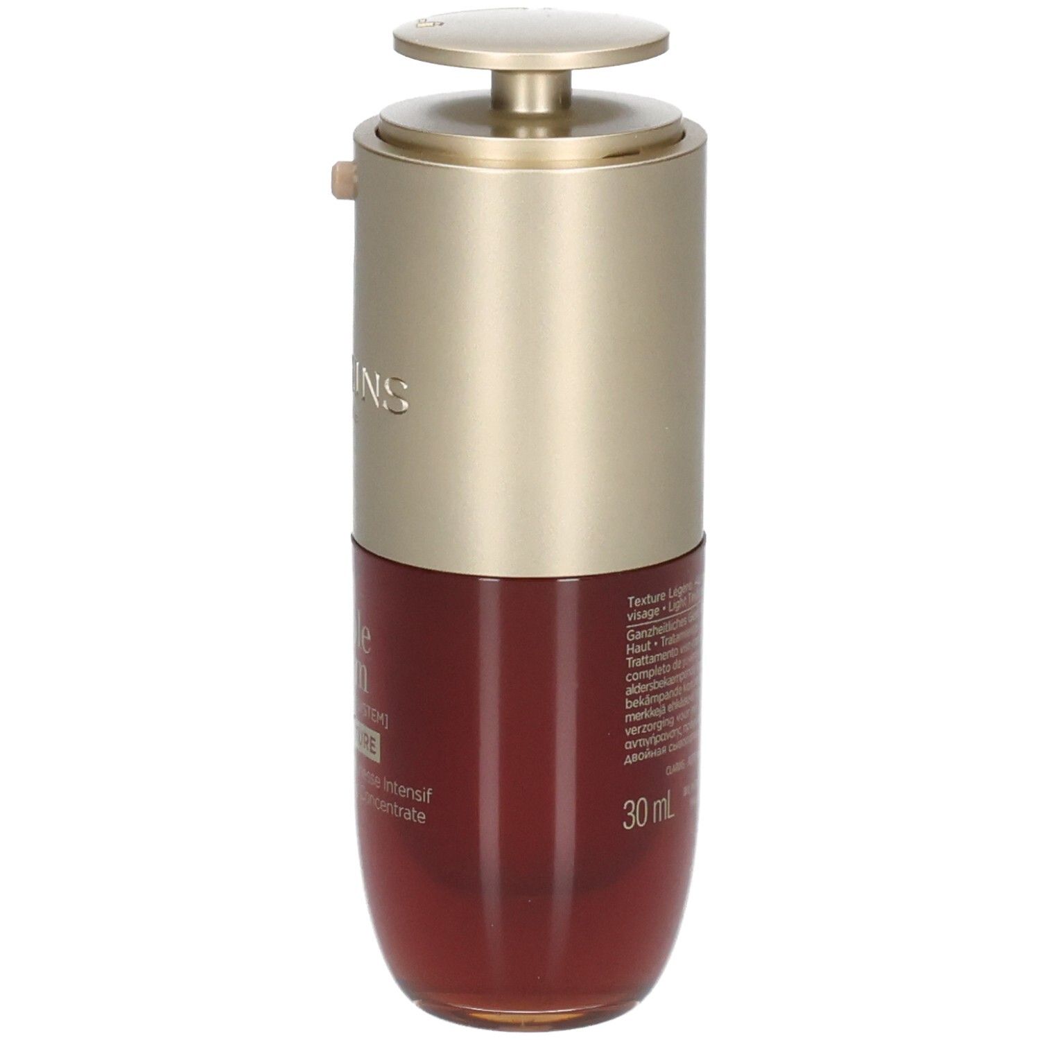 Flacon Clarins Double Serum Light Texture avec pompe, bouchon doré, flacon rouge, vue latérale.