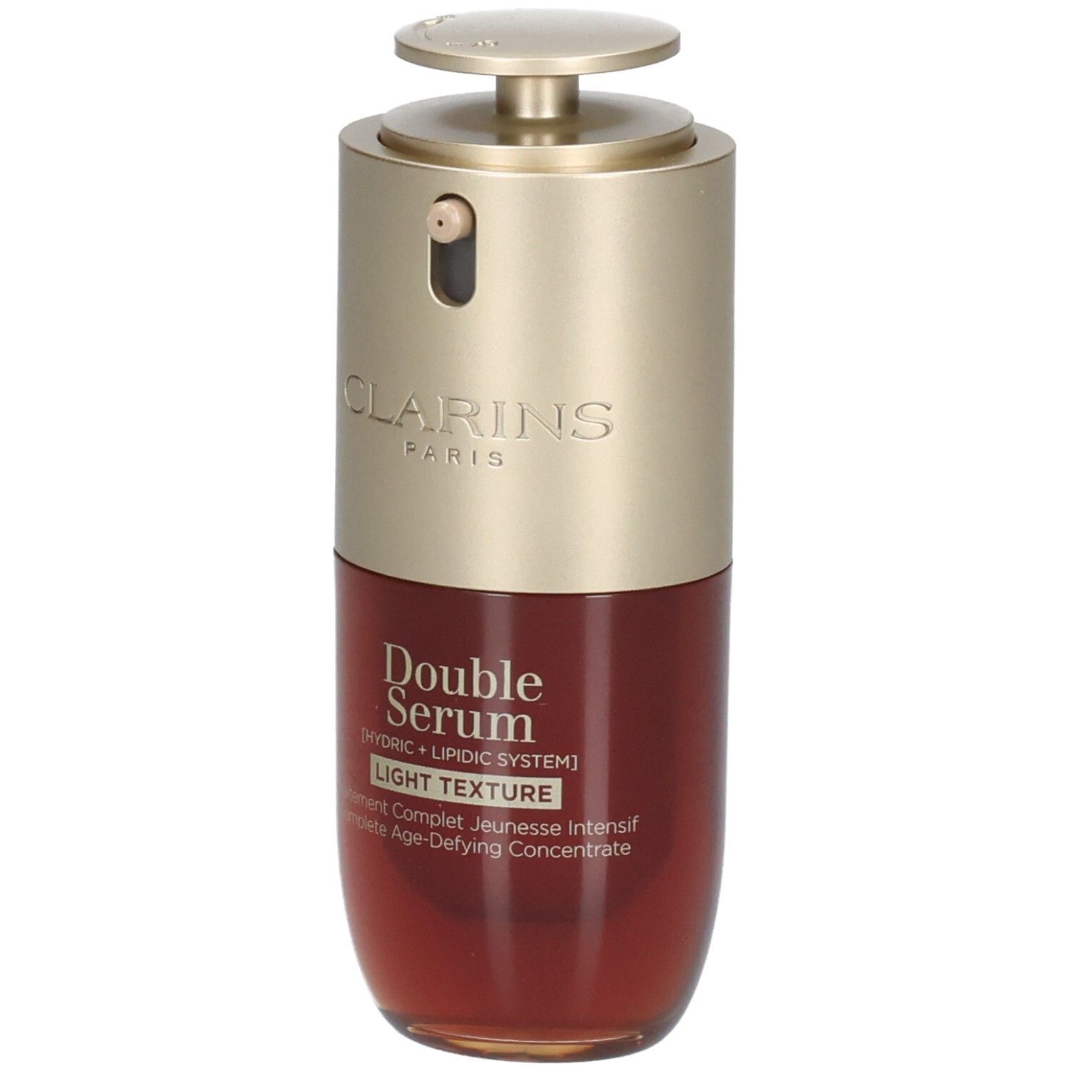 Flacon Clarins Double Serum Light Texture avec pompe, bouchon doré, flacon rouge, inscription "Double Serum".