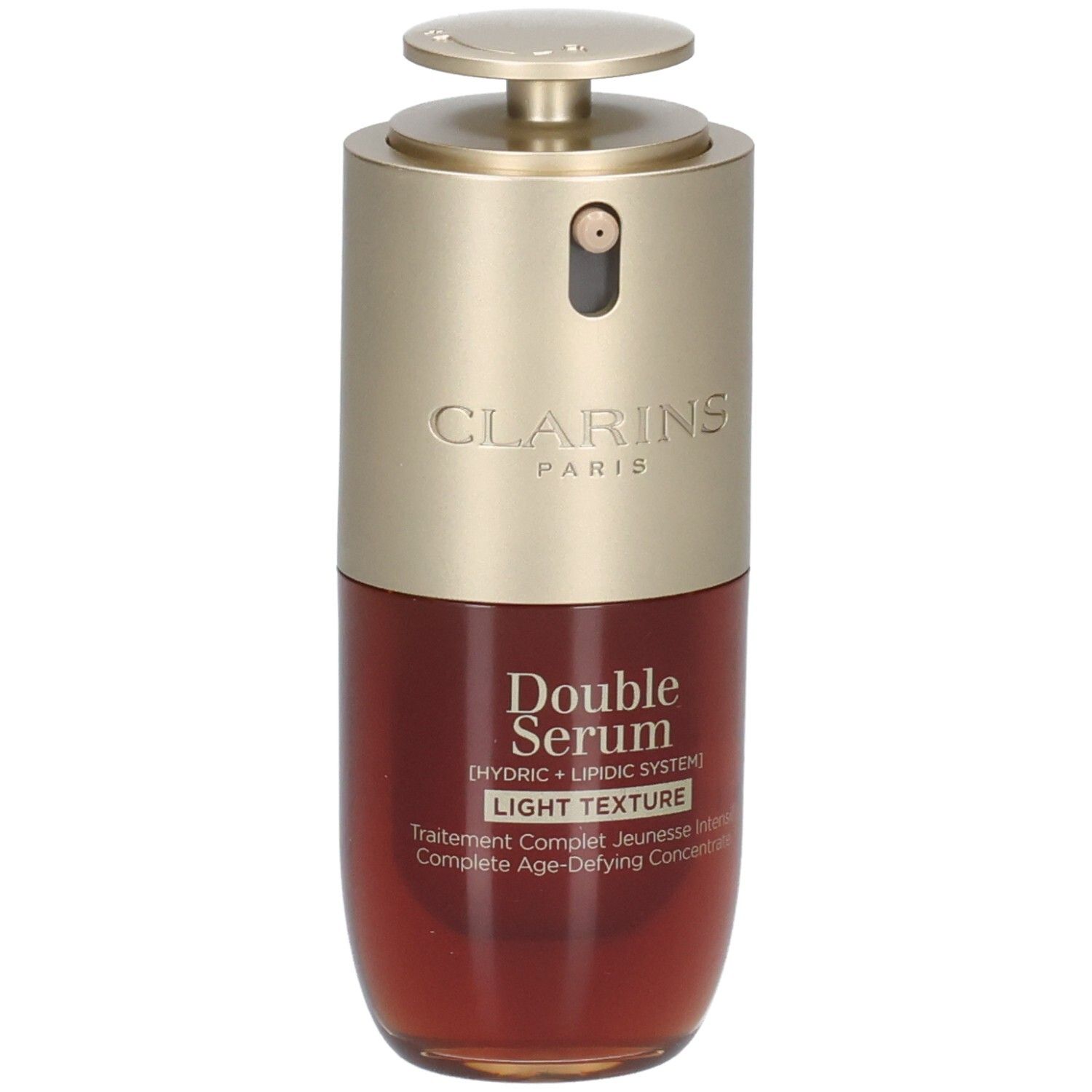 Flacon Clarins Double Serum Light Texture avec pompe, bouchon doré, flacon rouge, inscription "Double Serum Light Texture".