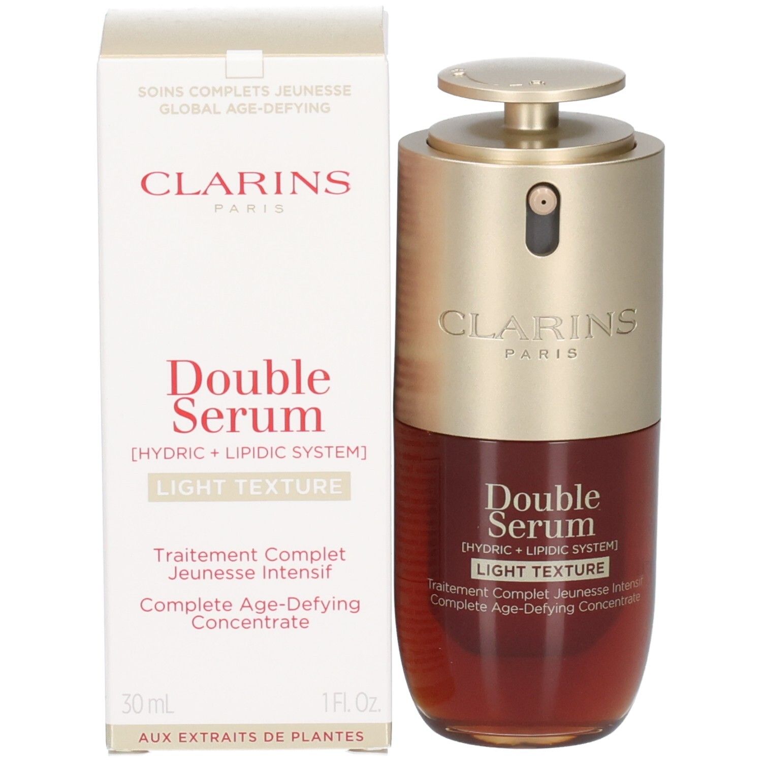 Flacon et emballage Clarins Double Serum Light Texture, bouchon doré, flacon rouge, inscription "Double Serum Light Texture".