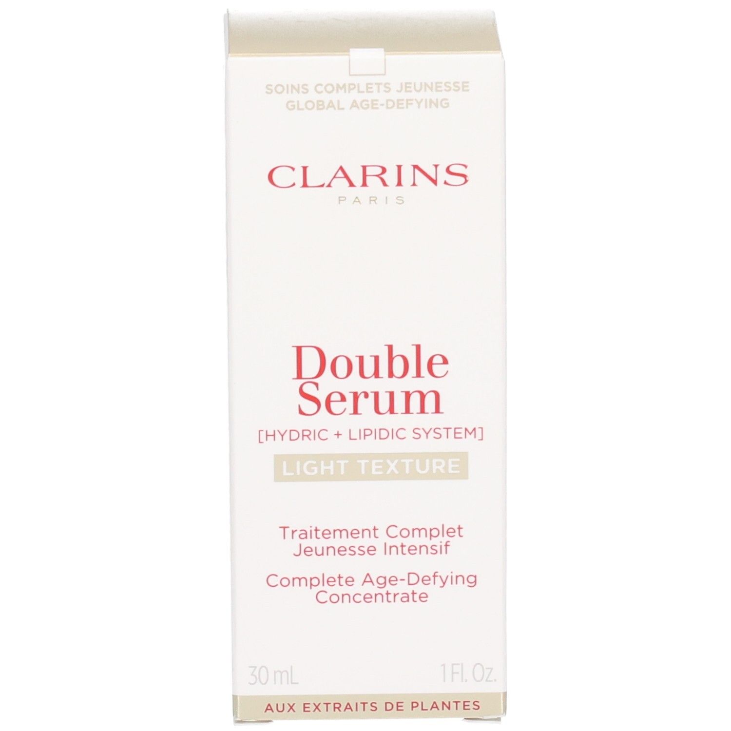 Emballage Clarins Double Serum Light Texture, boîte blanche avec inscription rouge et dorée.