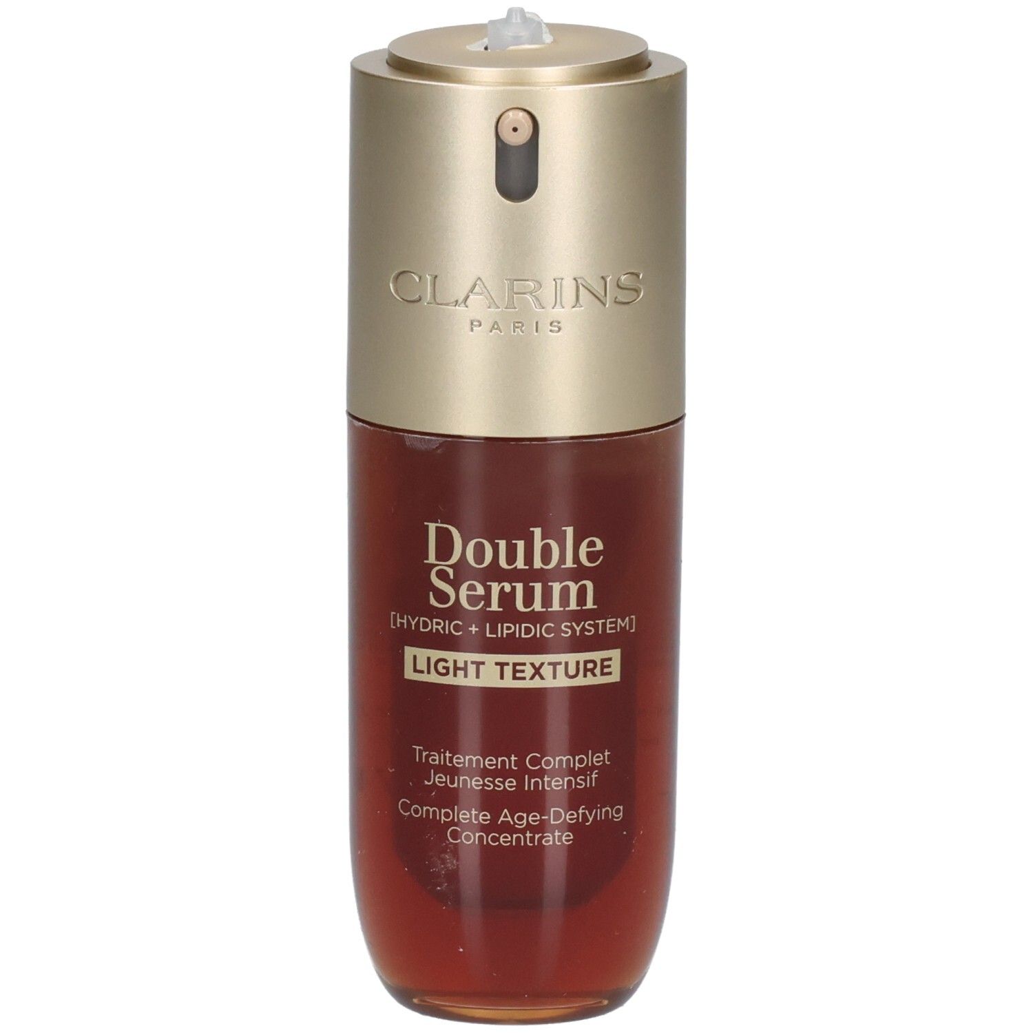 Flacon Clarins Double Serum Light Texture avec pompe et capuchon doré. Liquide brun visible.
