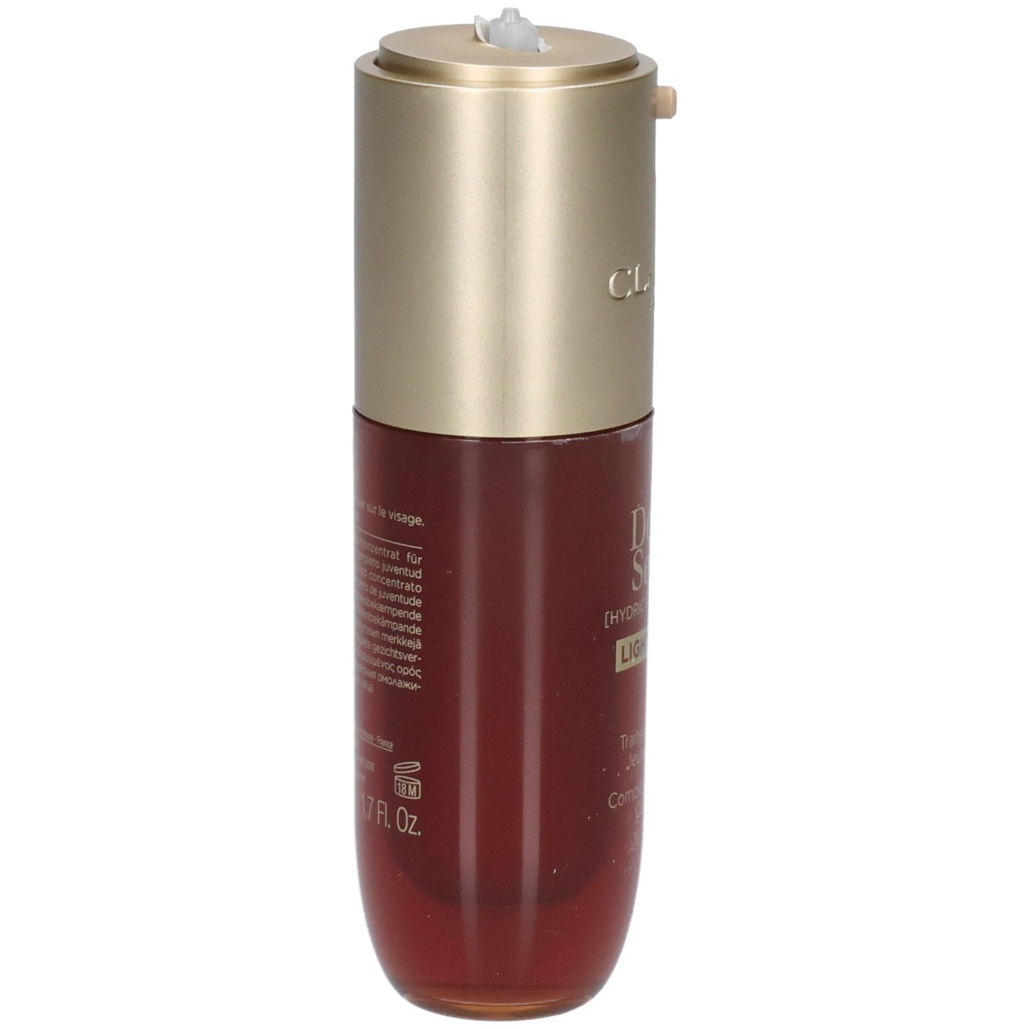 Flacon Clarins Double Serum Light Texture de côté. Pompe dorée et liquide brun.
