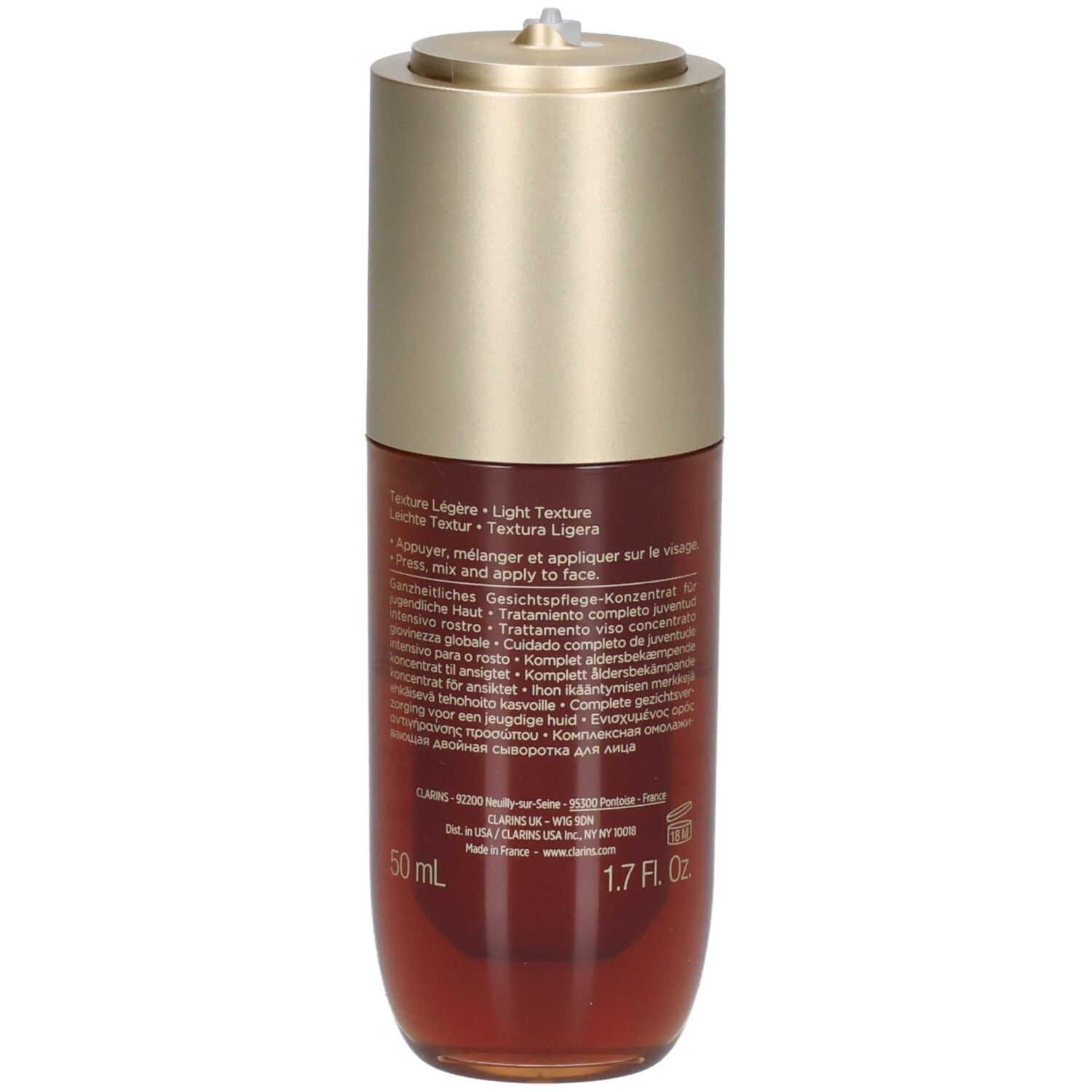 Arrière du flacon Clarins Double Serum Light Texture avec informations produit et mention 50ml.