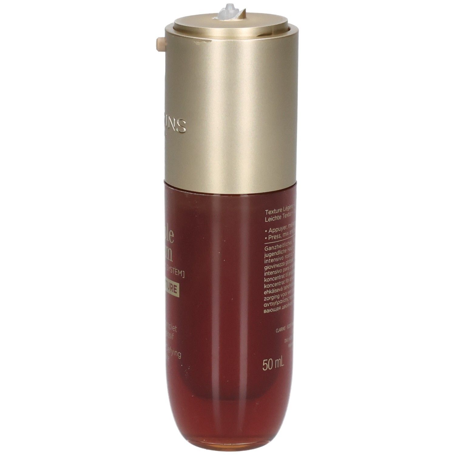 Flacon Clarins Double Serum Light Texture de trois-quarts avant. Pompe dorée, liquide brun.