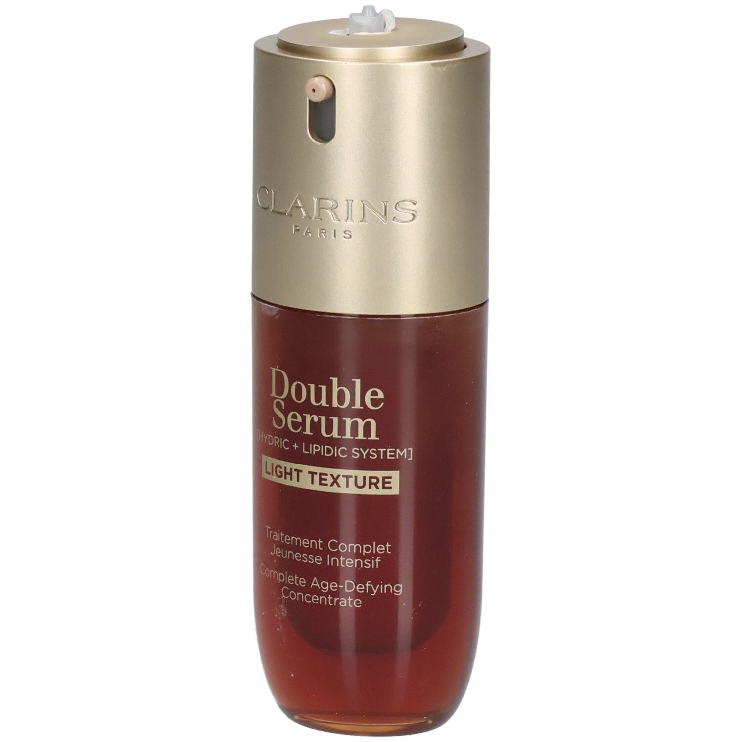 Flacon Clarins Double Serum Light Texture avec pompe et capuchon doré. Liquide brun visible.