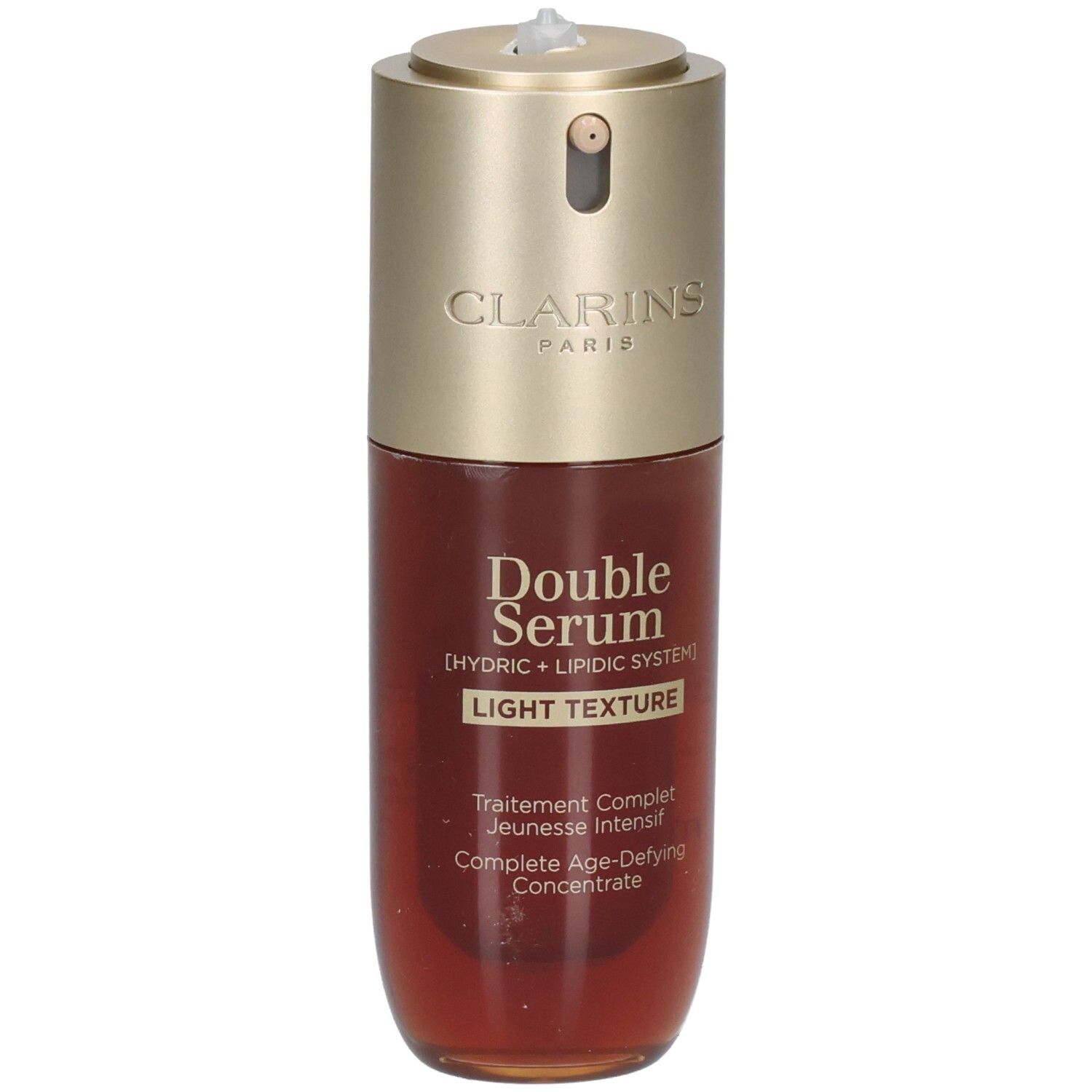 Flacon Clarins Double Serum Light Texture avec pompe et capuchon doré. Liquide brun visible.
