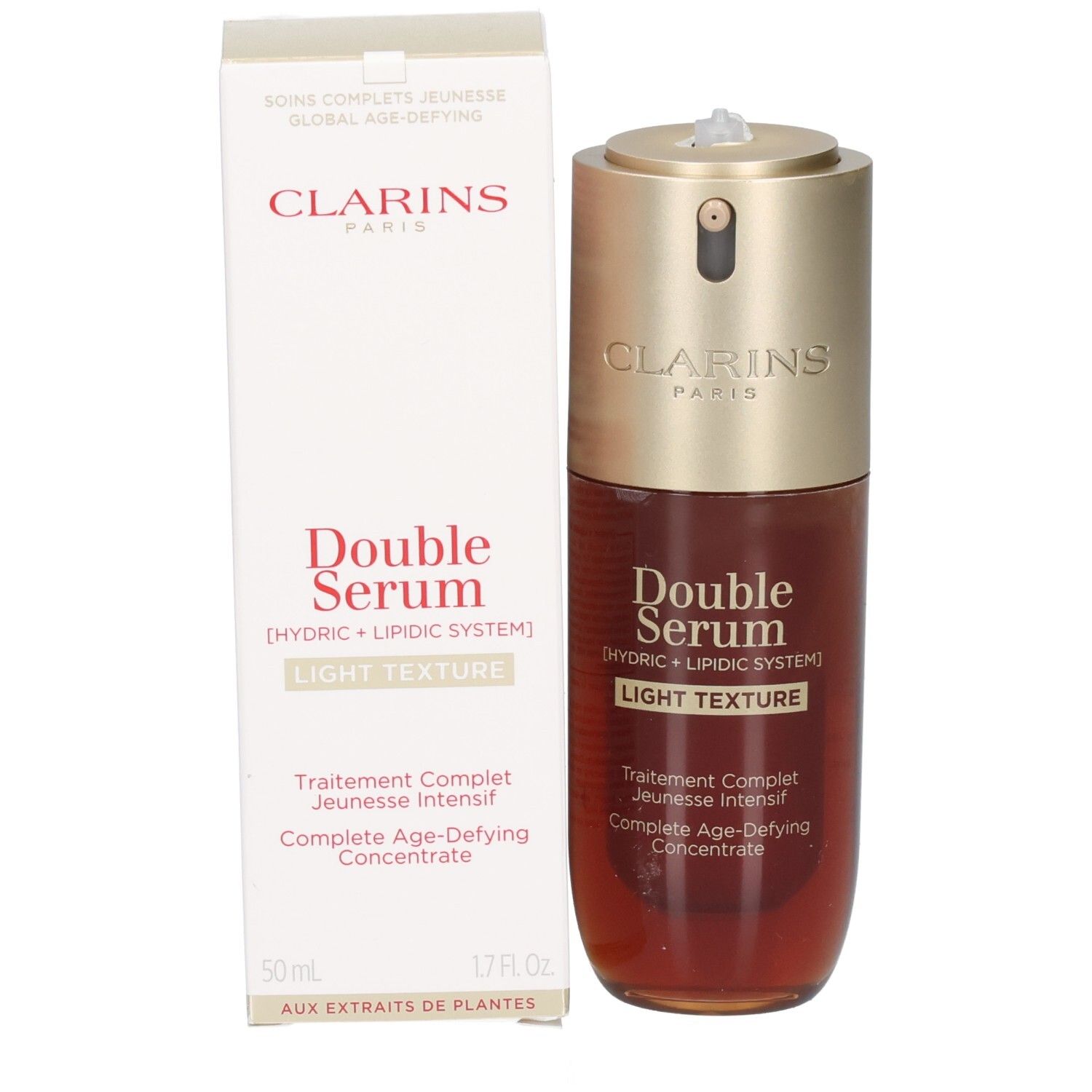 Flacon et emballage Clarins Double Serum Light Texture. Pompe dorée, liquide brun.