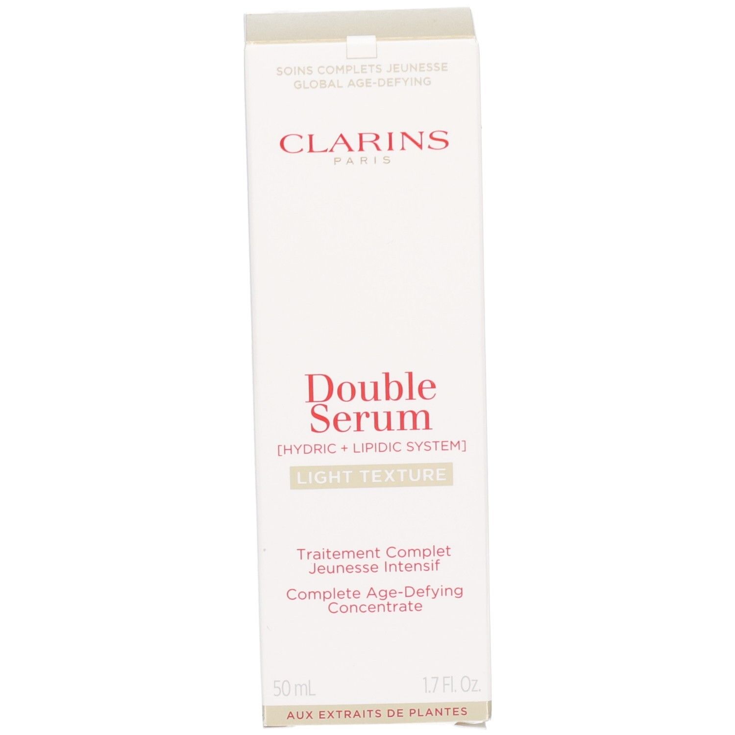 Emballage Clarins Double Serum Light Texture avec informations produit et mention 50ml.