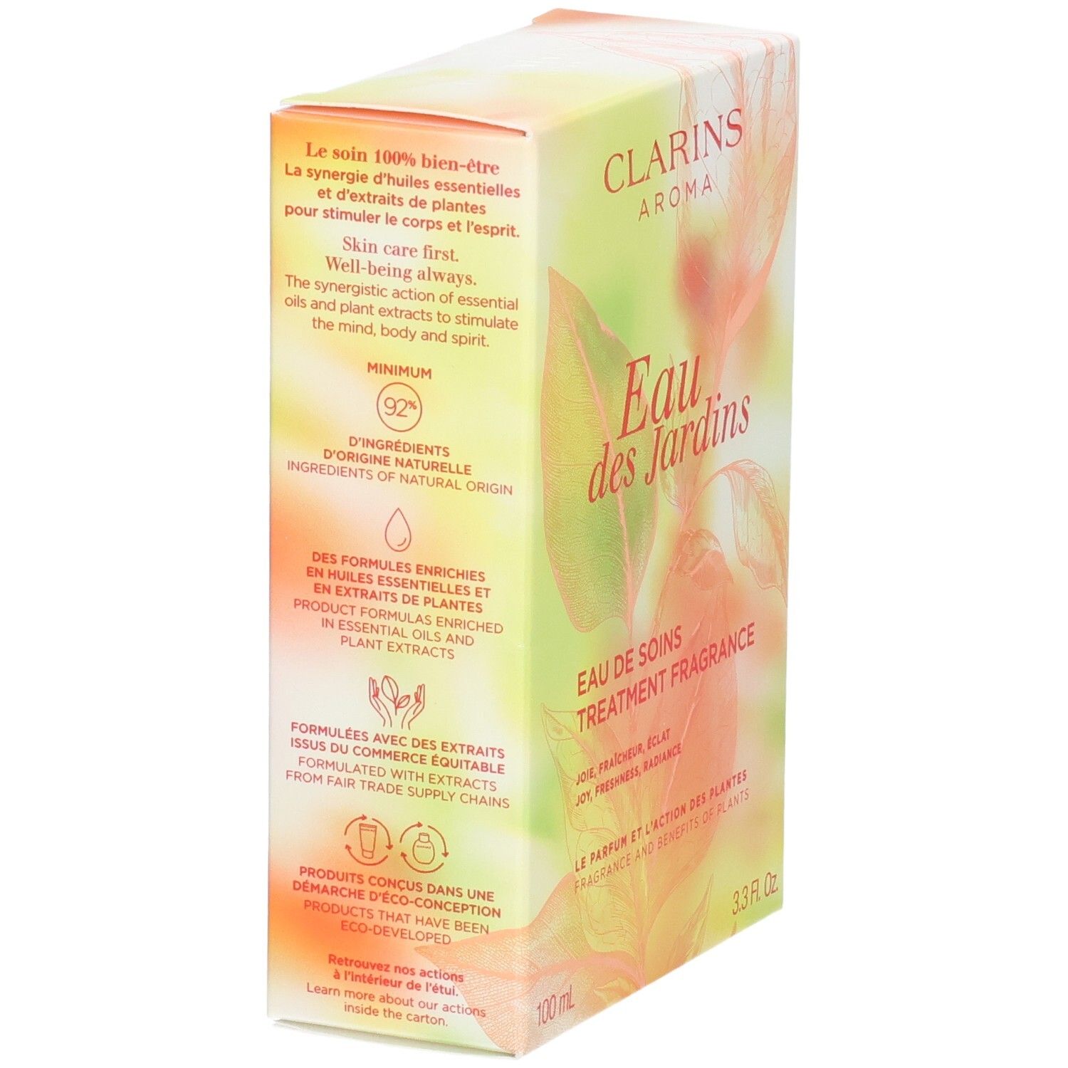 Boîte Clarins Eau des Jardins Treatment Fragrance. Vue latérale avec ingrédients et logos.