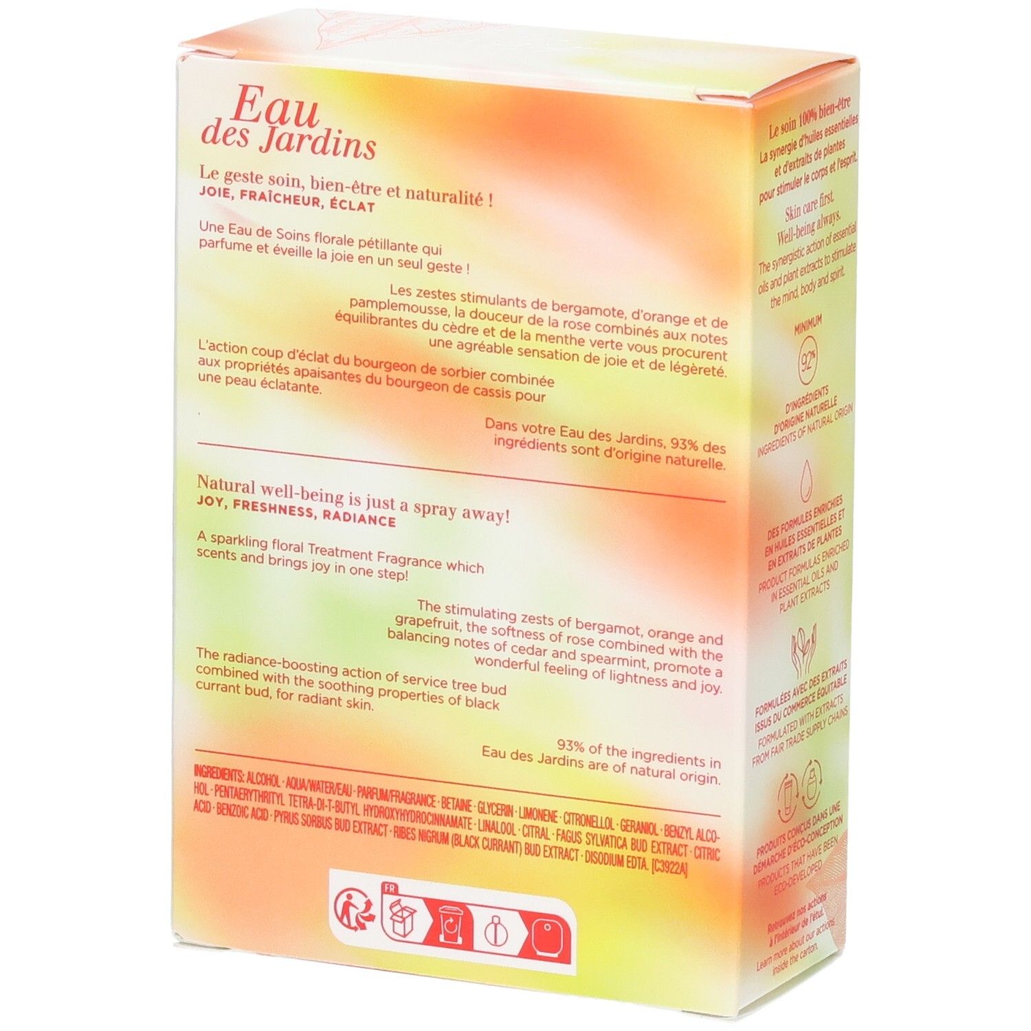 Boîte Clarins Eau des Jardins Treatment Fragrance. Arrière avec description du produit et ingrédients.