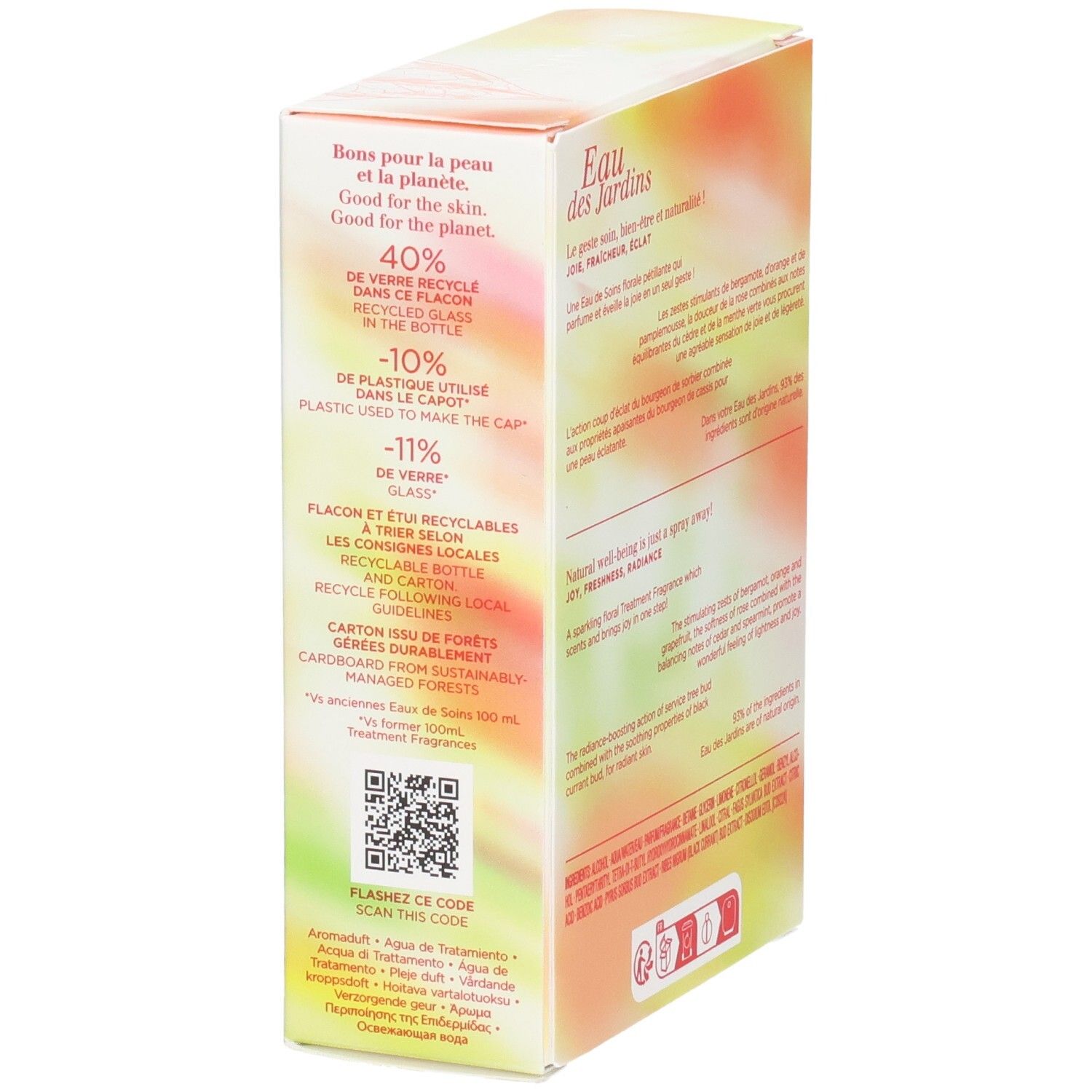 Boîte Clarins Eau des Jardins Treatment Fragrance. Vue latérale avec informations de recyclage et QR code.