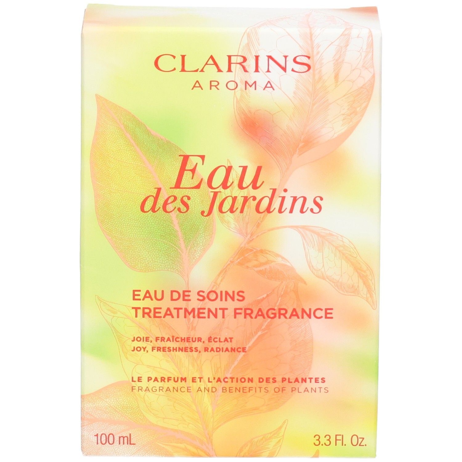 Boîte Clarins Eau des Jardins Treatment Fragrance. Face avant avec motif de feuilles et informations produit.