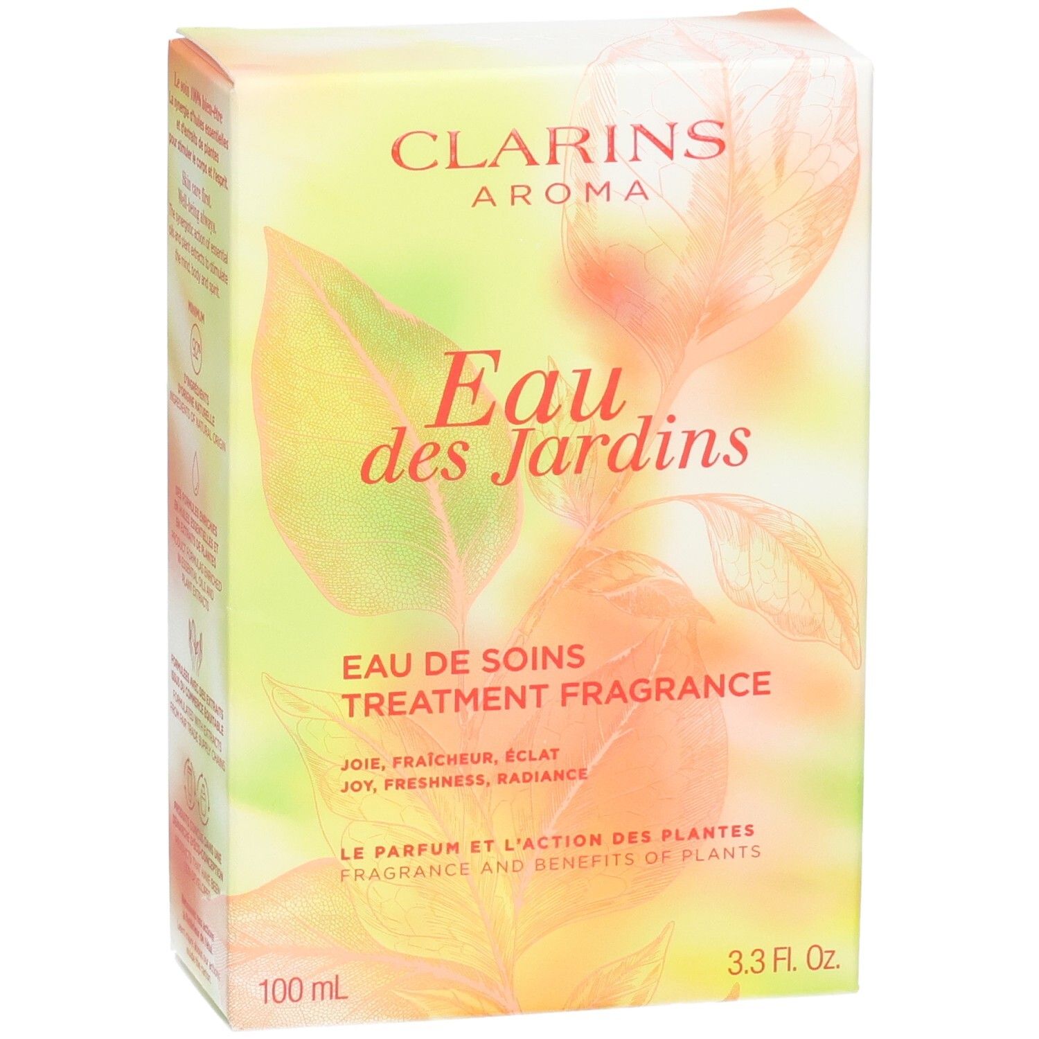 Boîte Clarins Eau des Jardins Treatment Fragrance. Face avant avec motif de feuilles et informations produit.