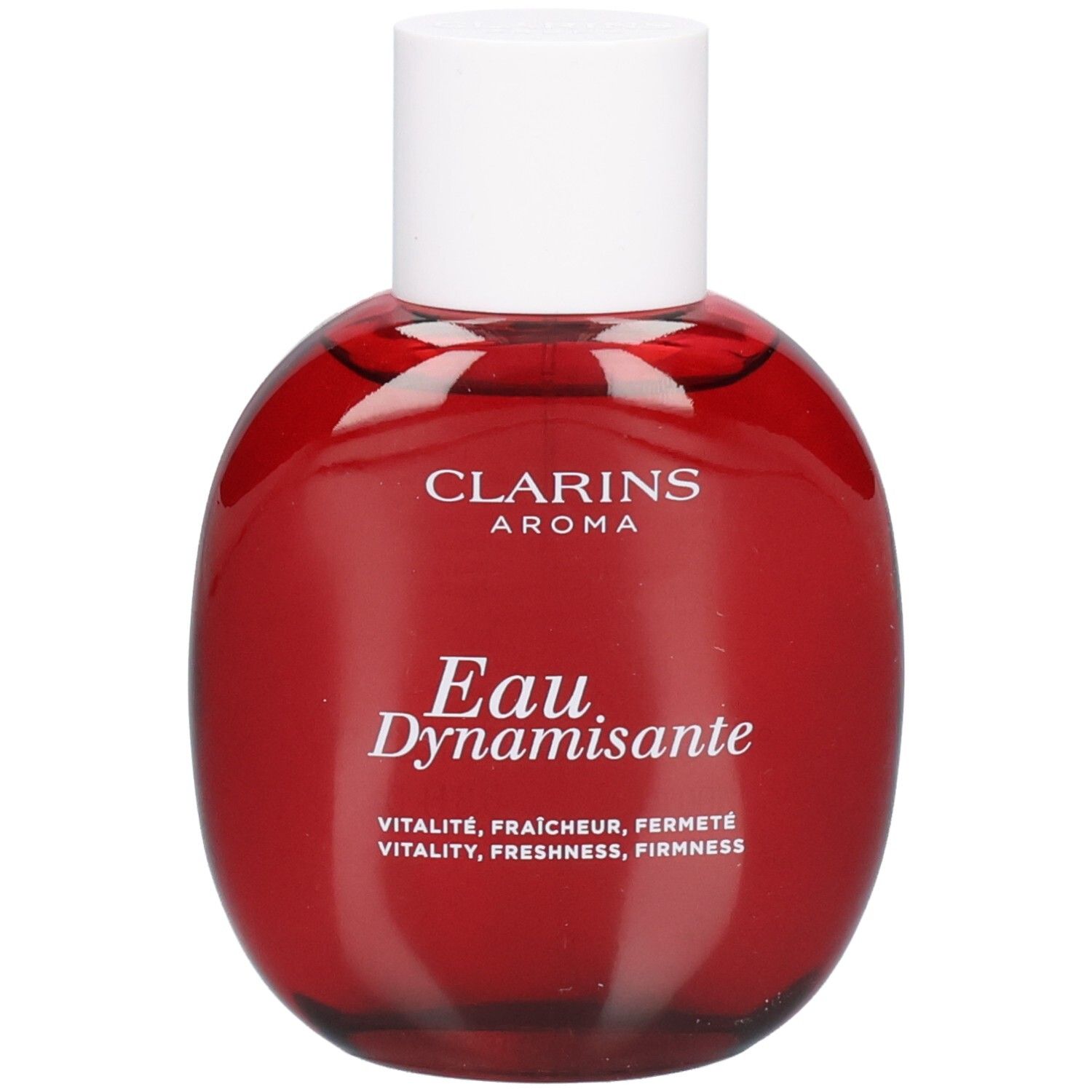 Clarins Eau Dynamisante : flacon rond en verre rouge avec bouchon blanc. Contient une eau de soin aromatique.