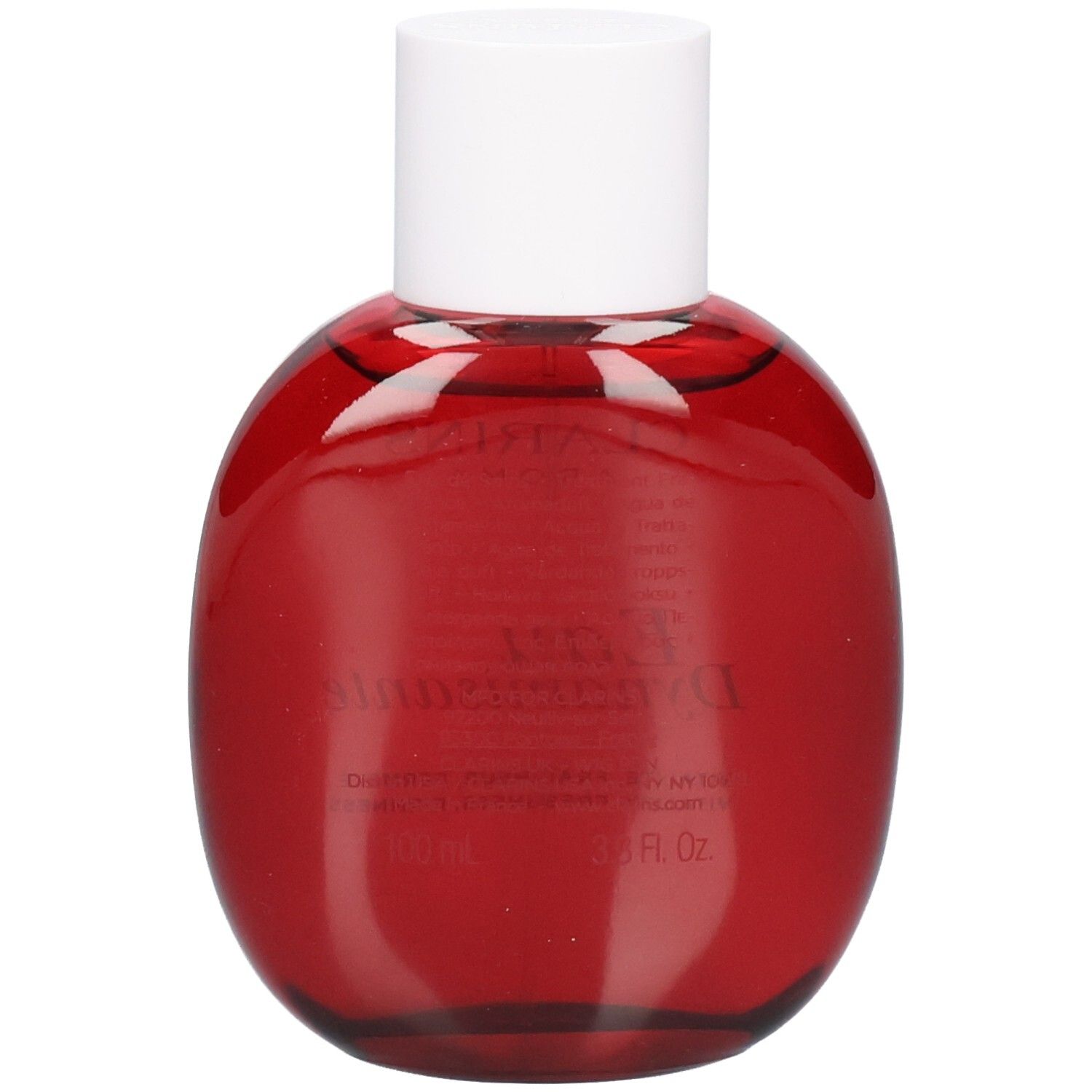 Arrière du flacon Clarins Eau Dynamisante. Contient 100ml / 3.4 fl. Oz.