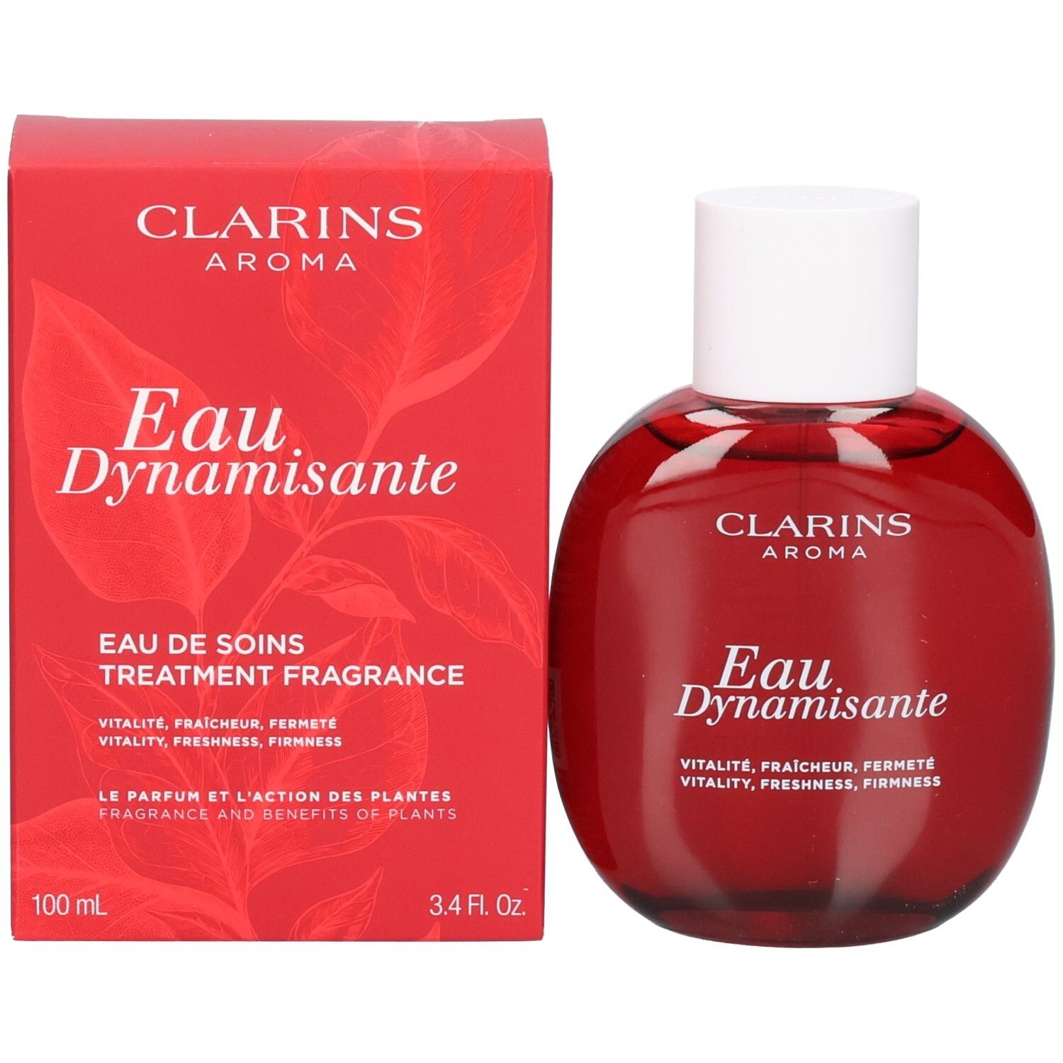 Flacon et emballage Clarins Eau Dynamisante. Boîte rouge à motif de feuilles, flacon au contenu rouge.
