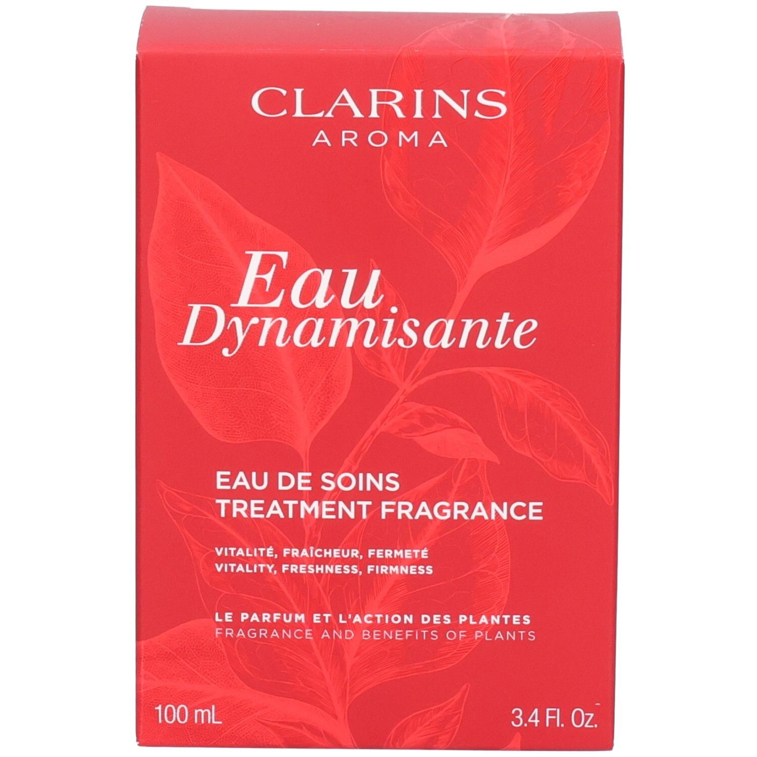 Emballage Clarins Eau Dynamisante. Boîte rouge à motif de feuilles, indication 100ml / 3.4 fl. Oz.